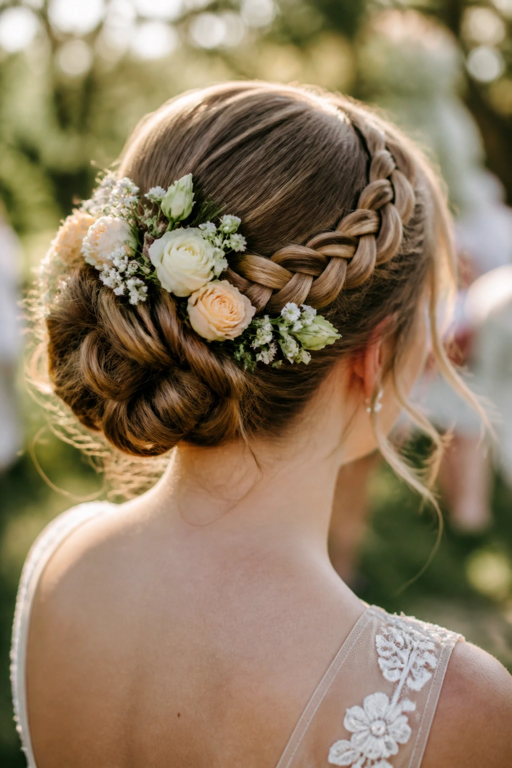 Bride wearing a braided bun with fresh flowers at outdoor ceremony