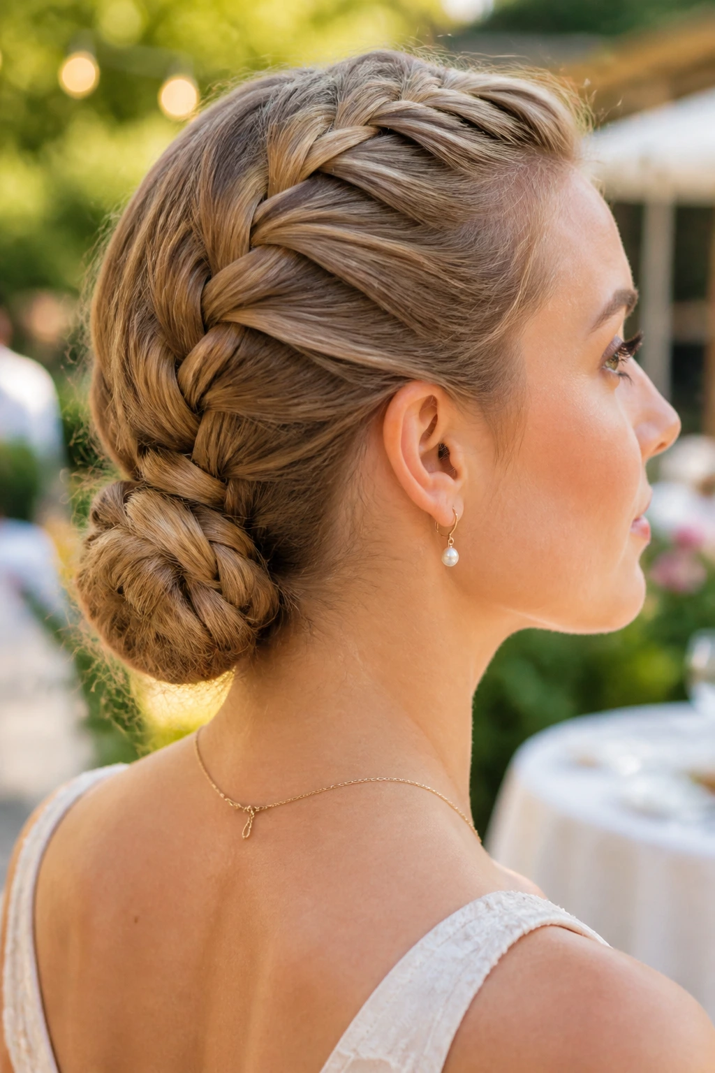 Close-up portrait of a real woman with a French braid leading to a braided bun
