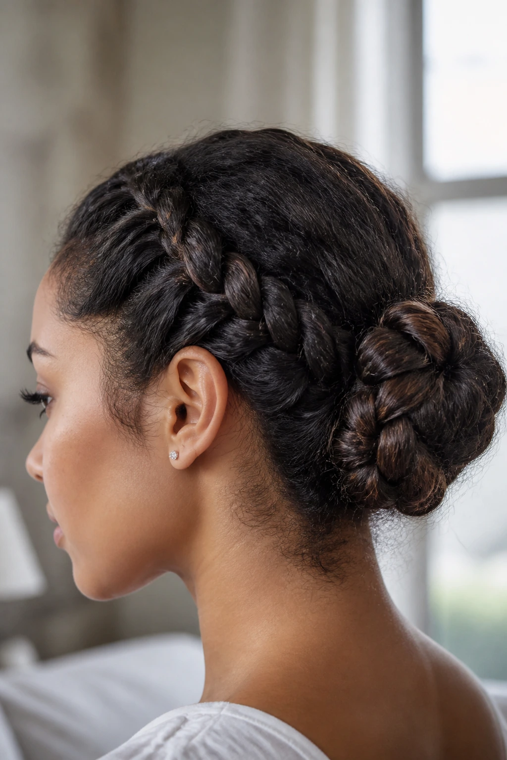 Close-up of a real woman with a braided bun on frizzy hair in natural window light
