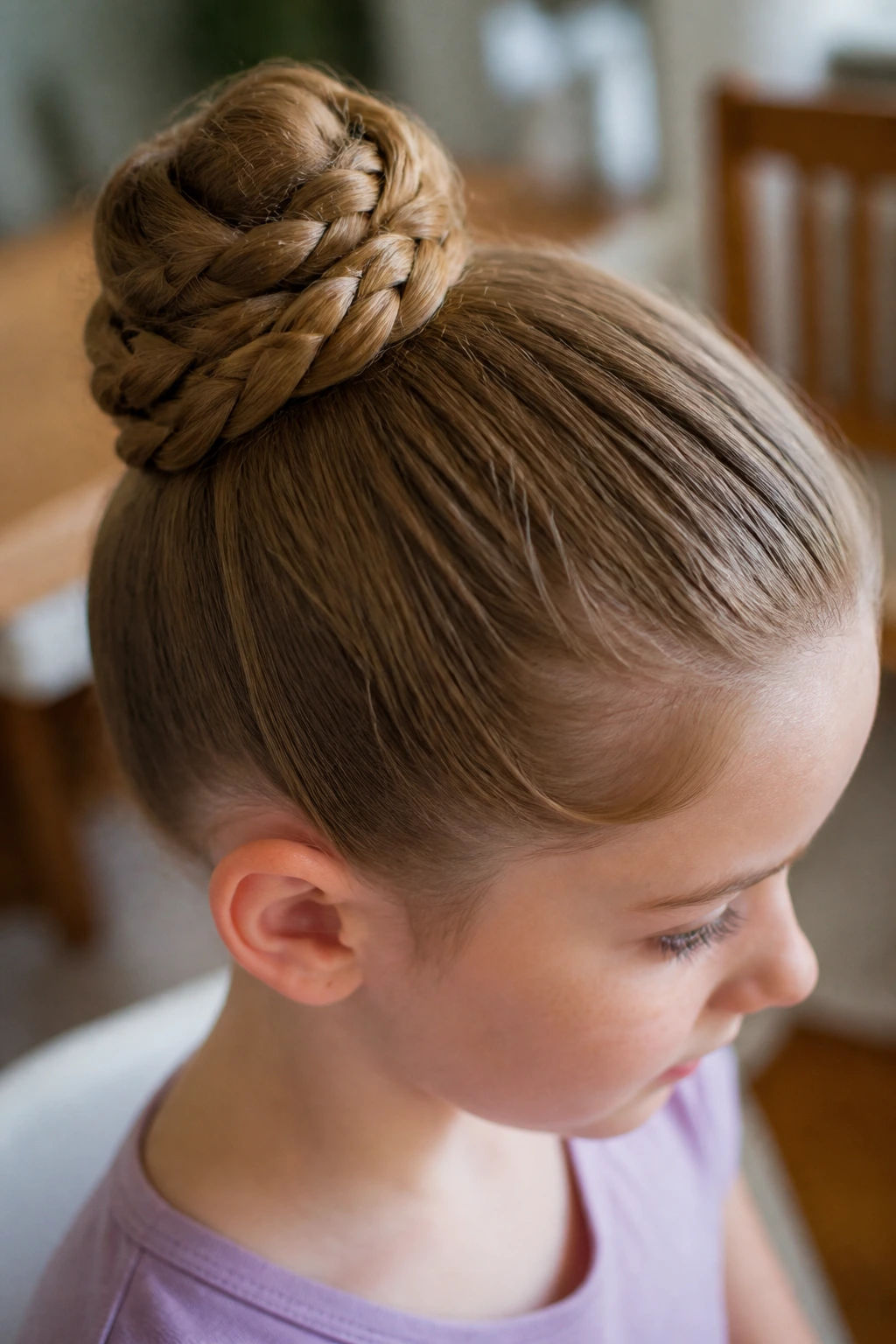 Close-up of a real child with a braided bun for extra grip