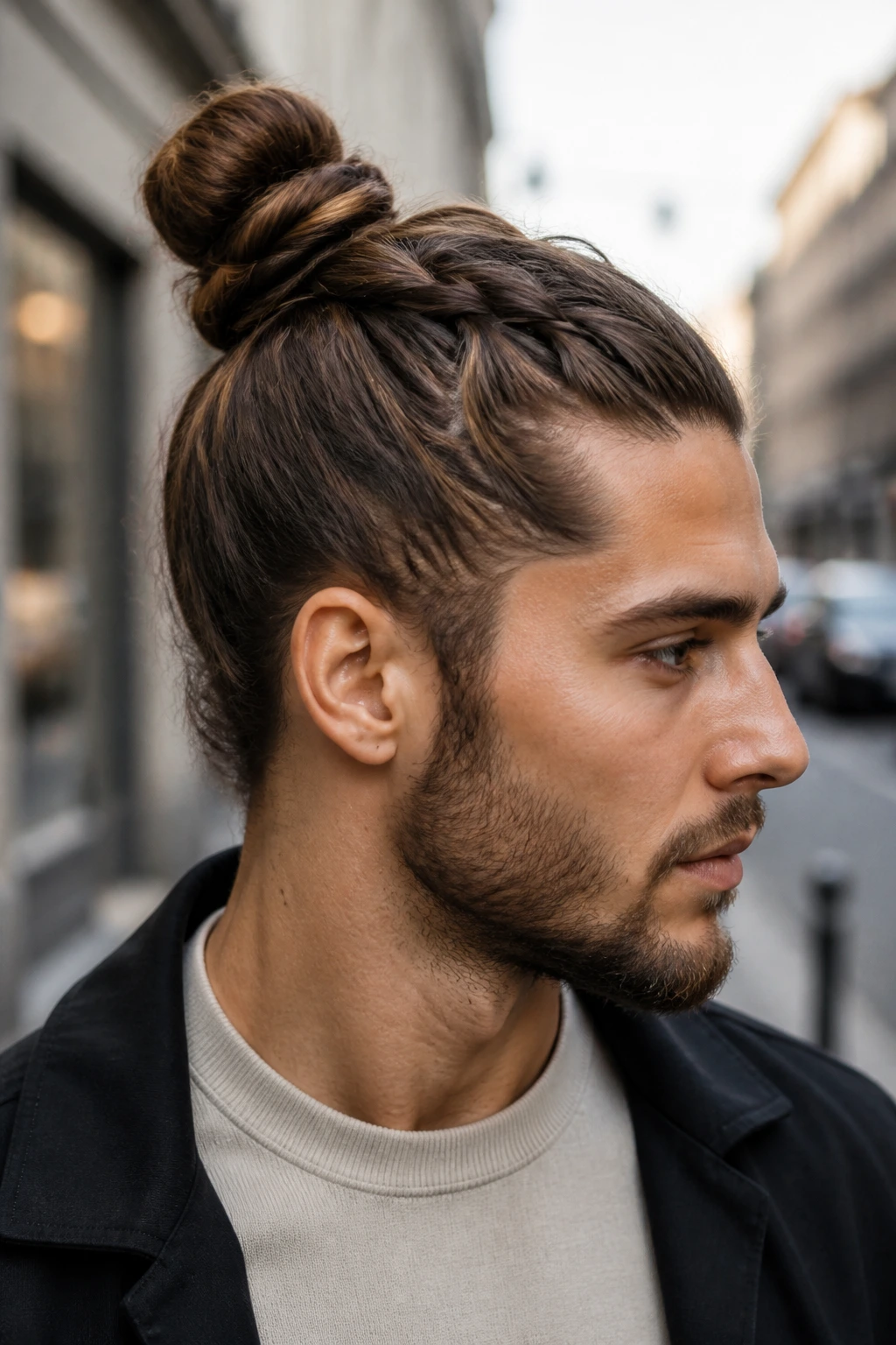Man with braided bun close-up portrait