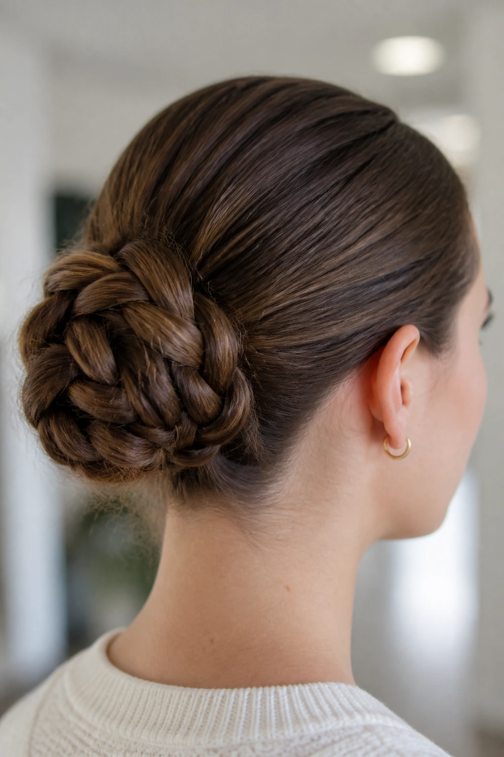 Close-up of a woman with a braided bun hairstyle
