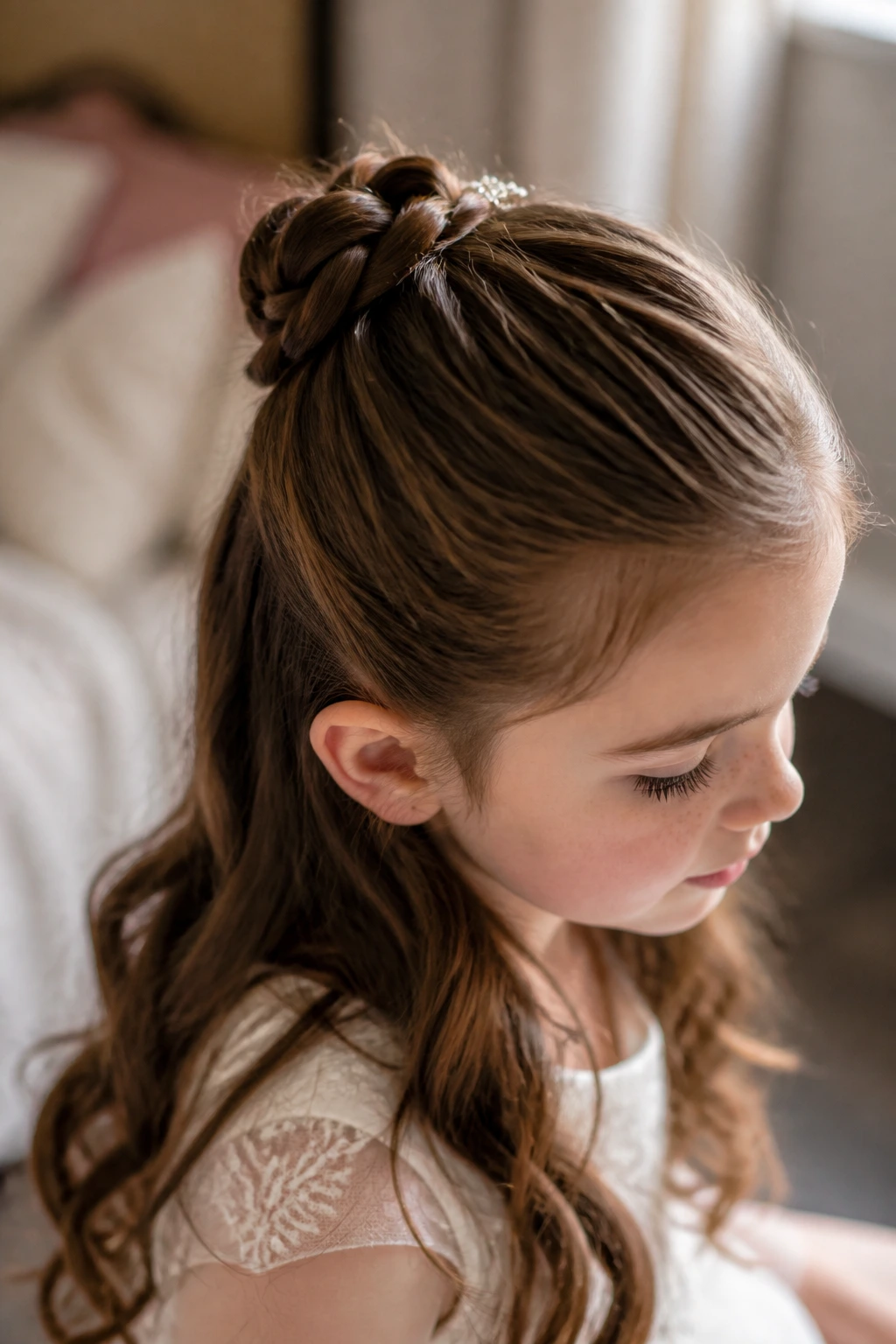 Close-up of a child with a tiny braided bun at the crown half-up hairstyle