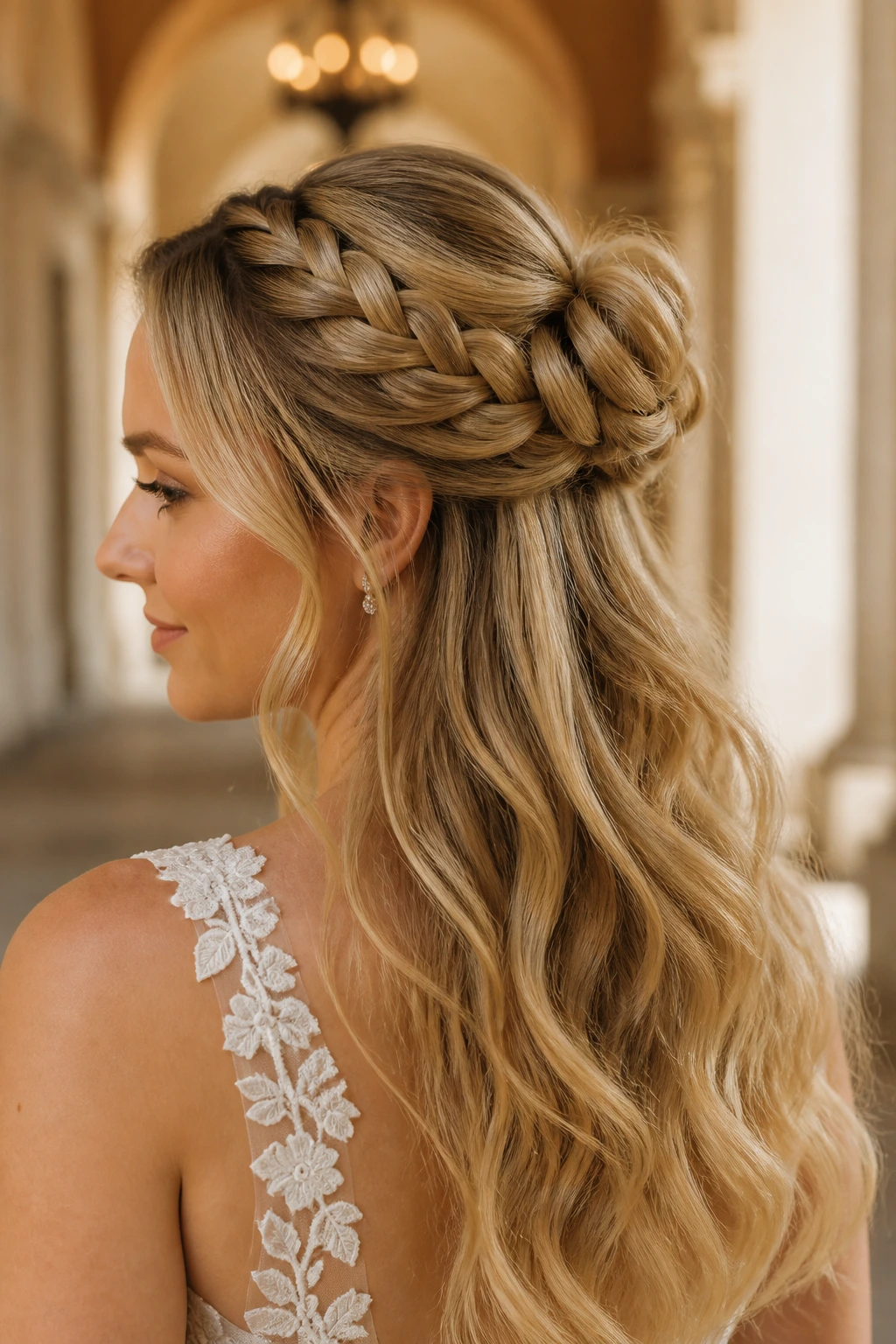 Head-and-shoulders portrait of a real bride with a braided bun half-up, hair flowing down.