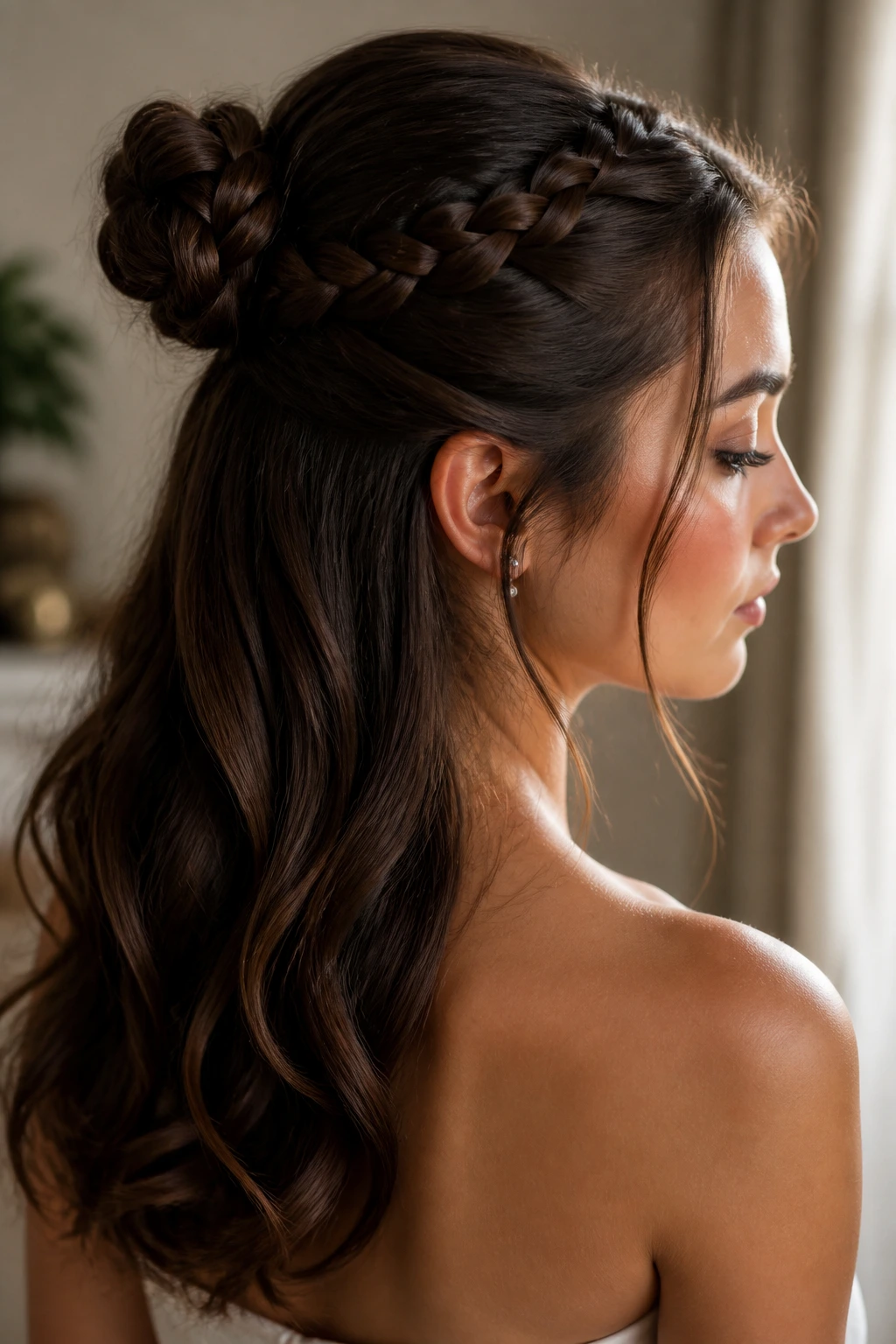 Close-up of a real woman with a braided bun half-up hairstyle