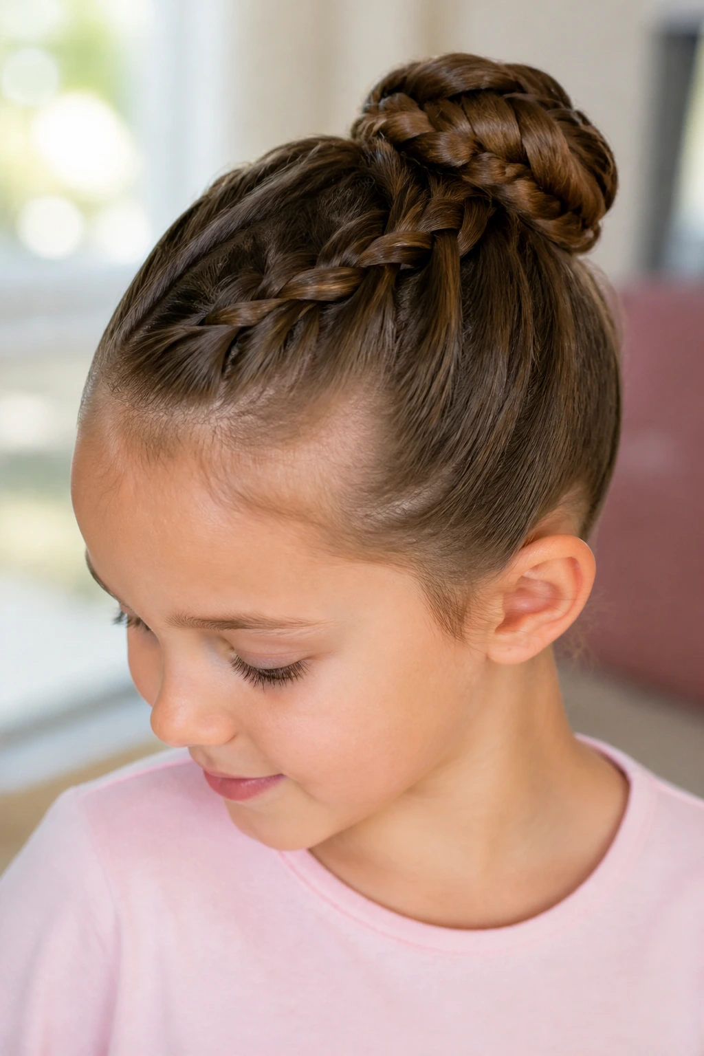 Close-up of a real child with a braided bun in a softly lit room