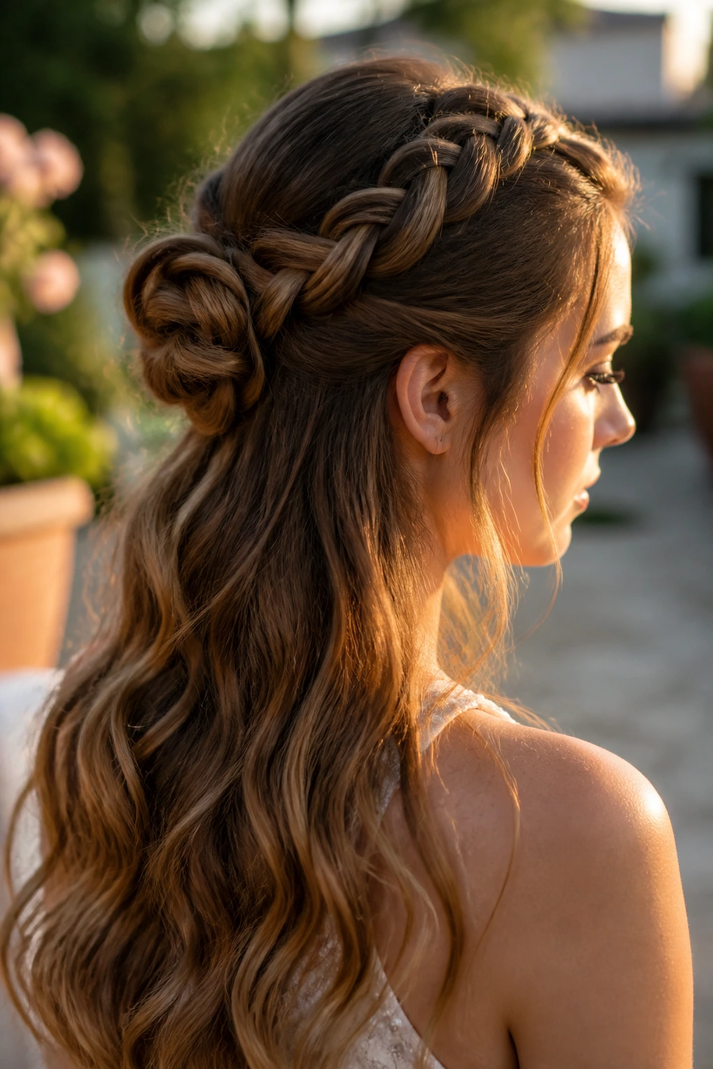 Close-up portrait of a real woman with braided bun accent and long length down