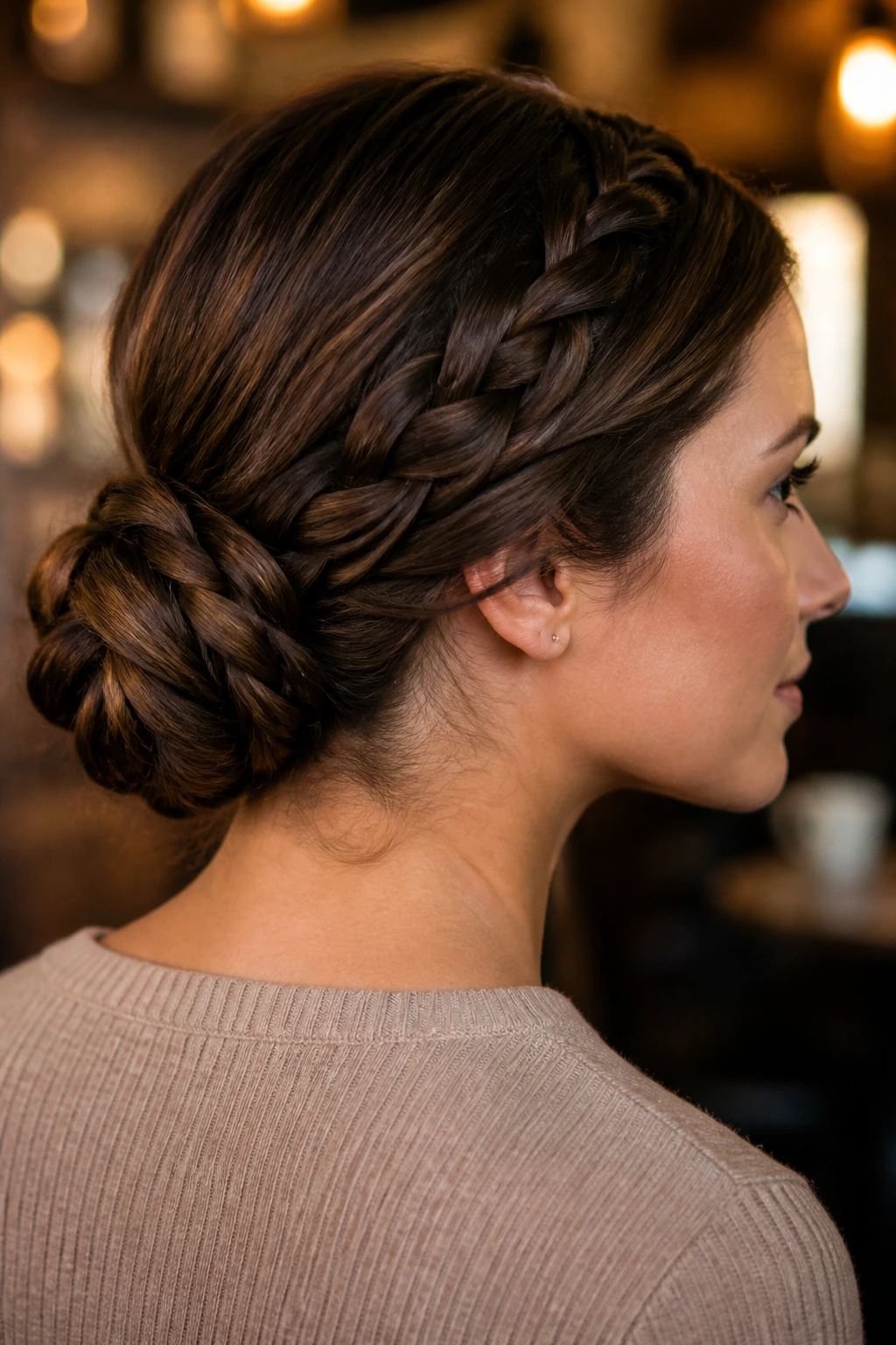 Close-up of a real woman wearing a braided bun at the nape, tidy finish.