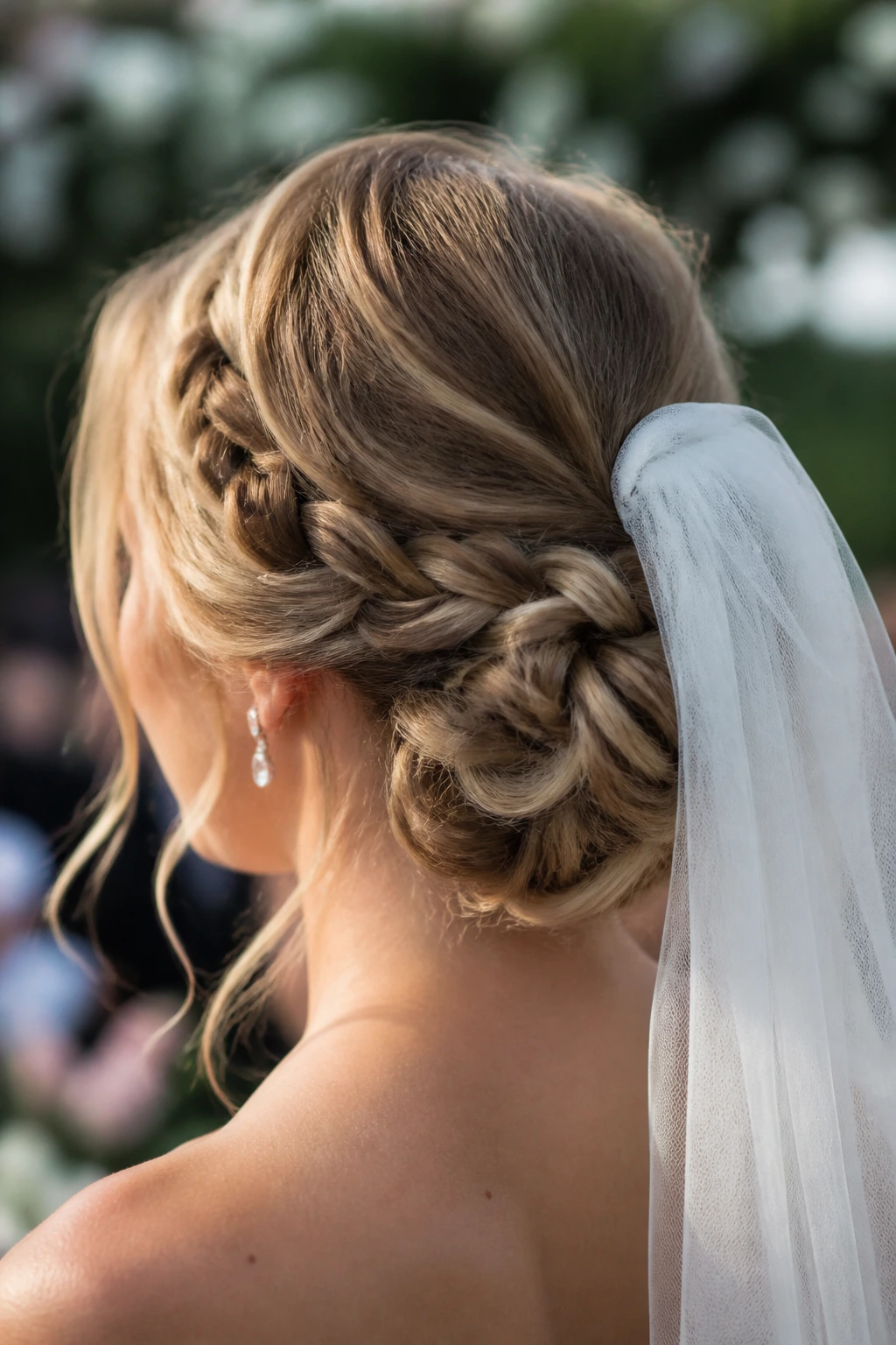 Close-up of a real bride's braided low bun in natural light