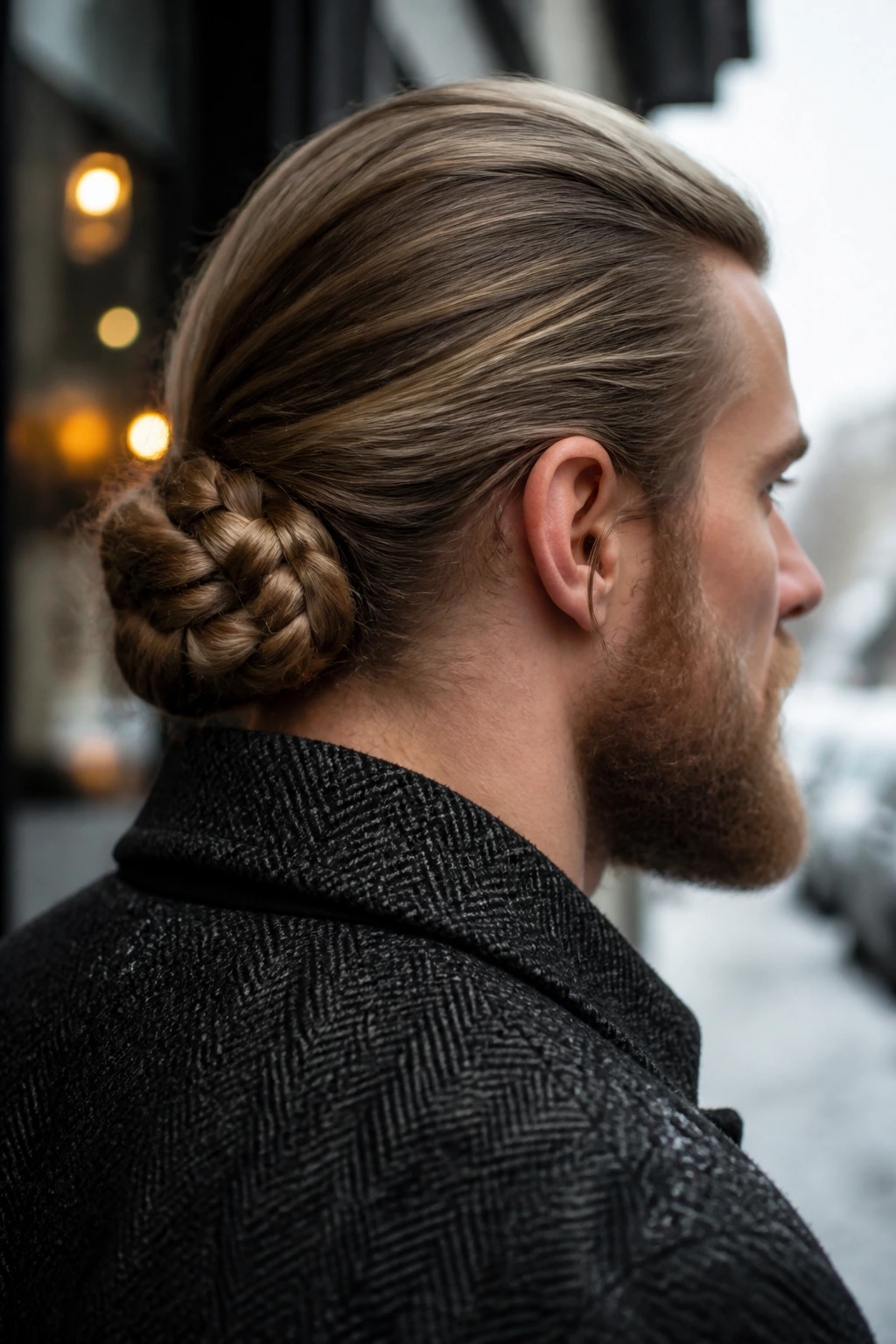 Close-up of a real man with a braided bun at the nape