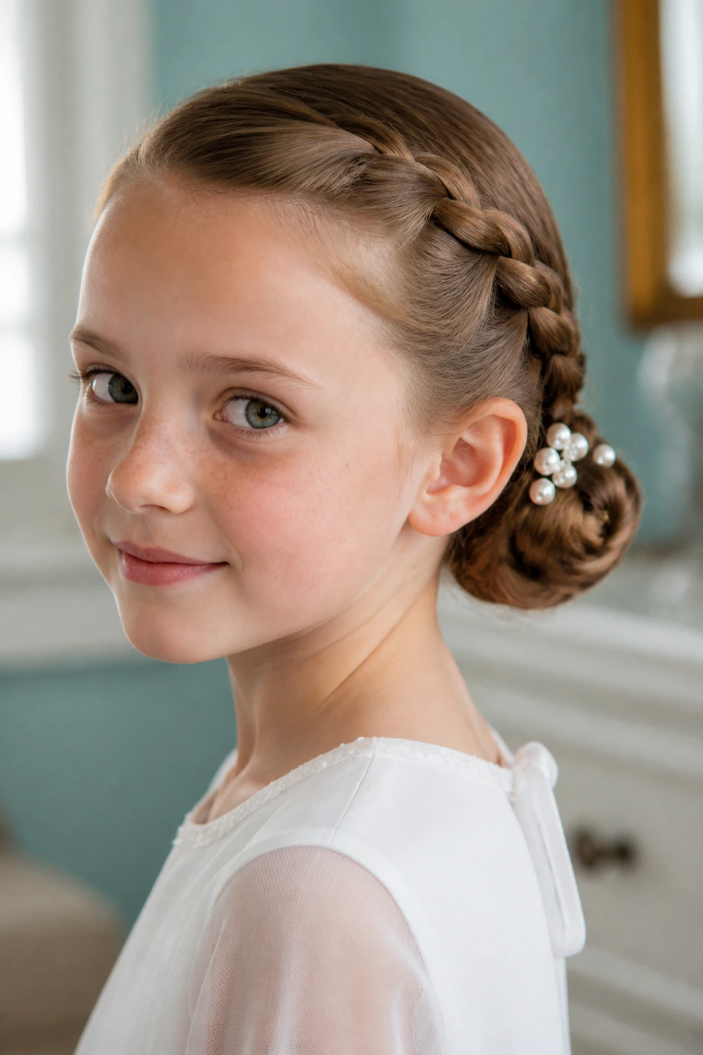 Close-up of a real child with a pearl-pin braided bun in a dressing room setting