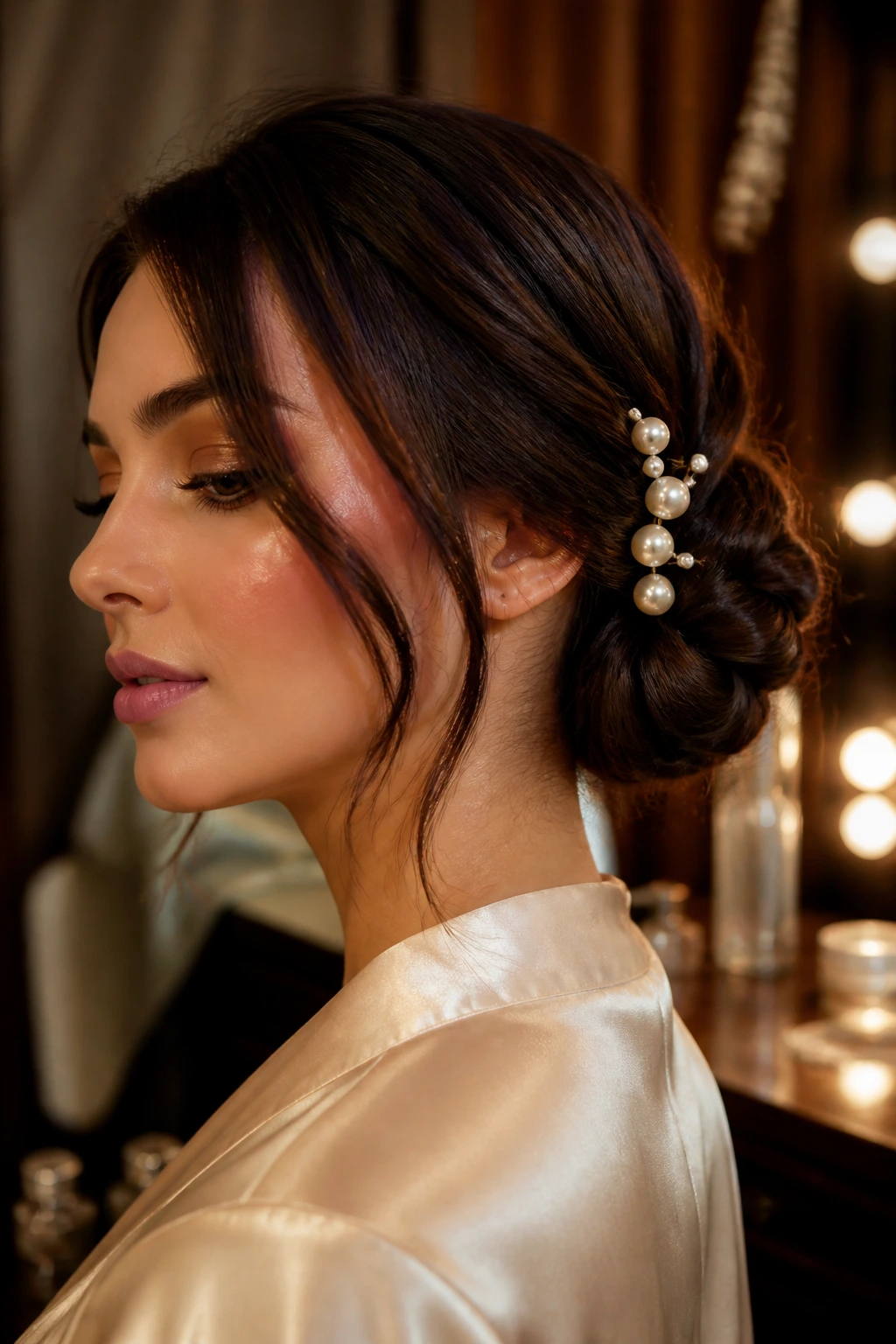 Close-up of a real woman with a low braided bun and pearl pins.