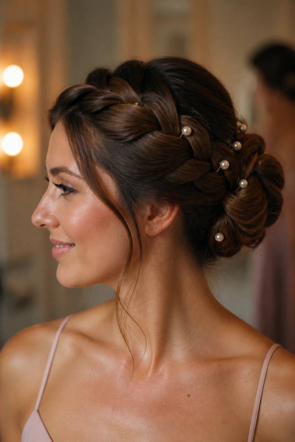 Close-up of a real woman with a braided bun and scattered pearl pins