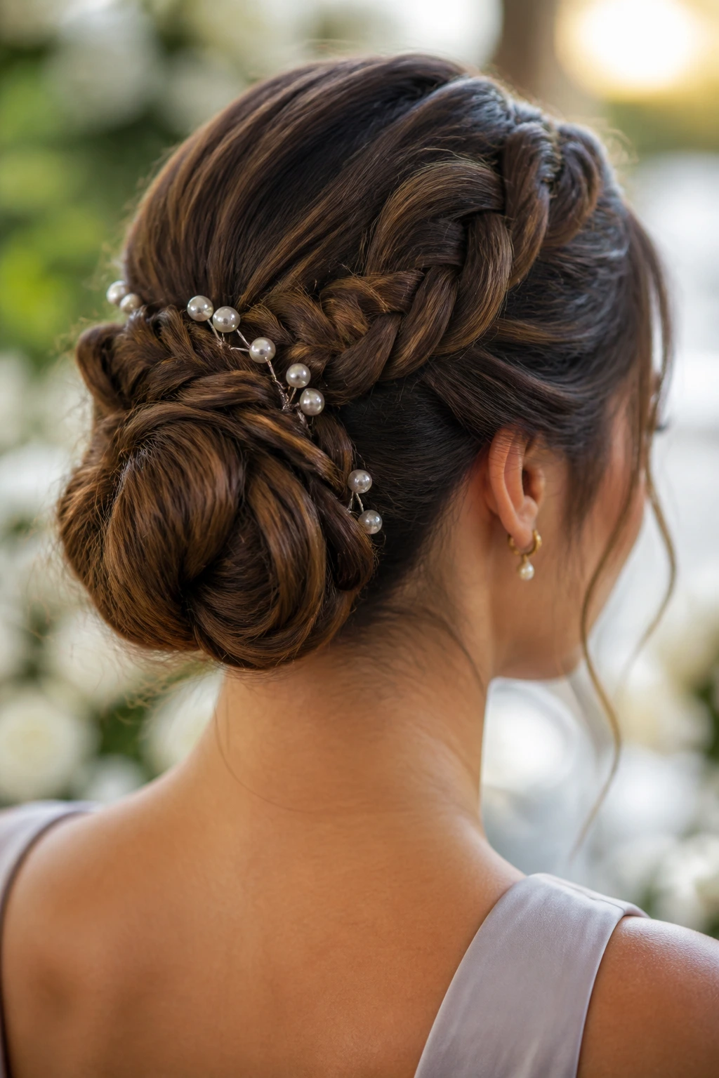 Close-up of real bridesmaid with braided bun and pearl pins