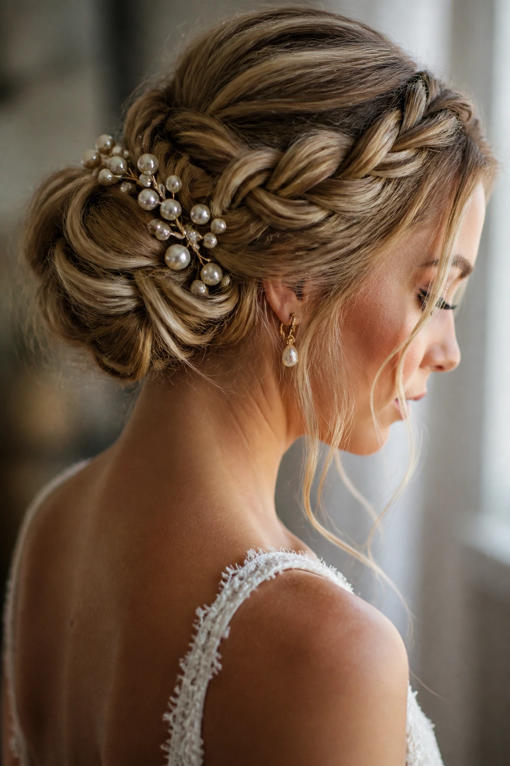 Bride with a low braided bun accented by pearls.