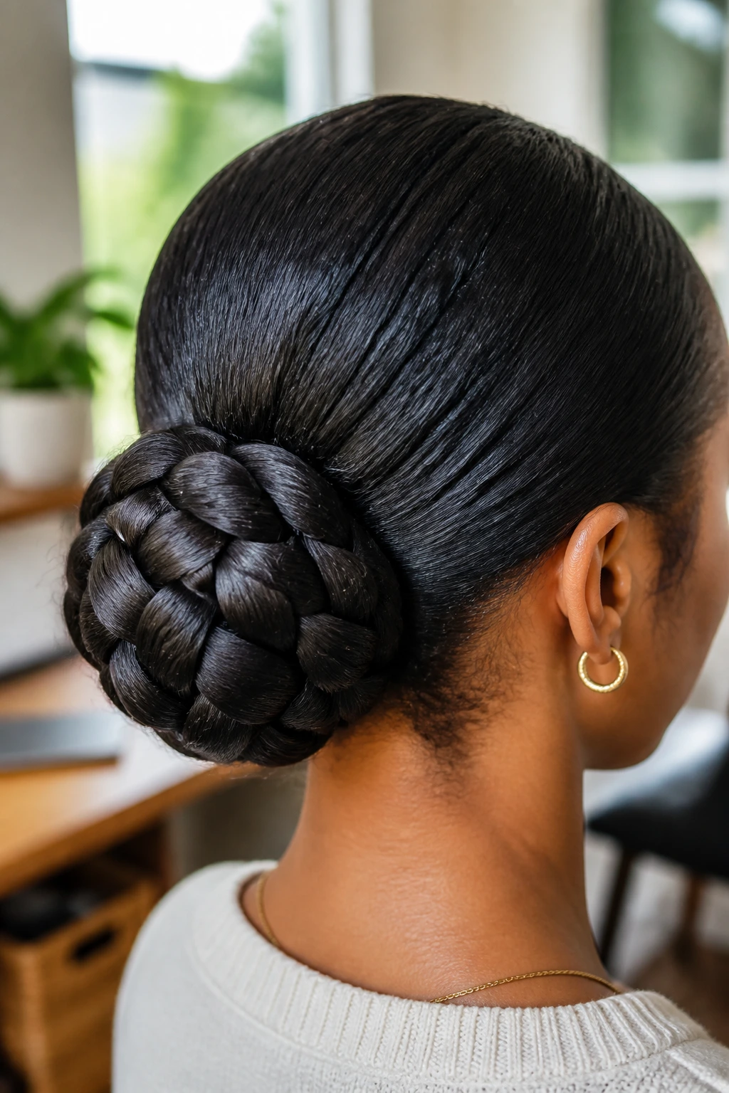 Close-up portrait of a real woman with a braided bun at the nape of the neck.