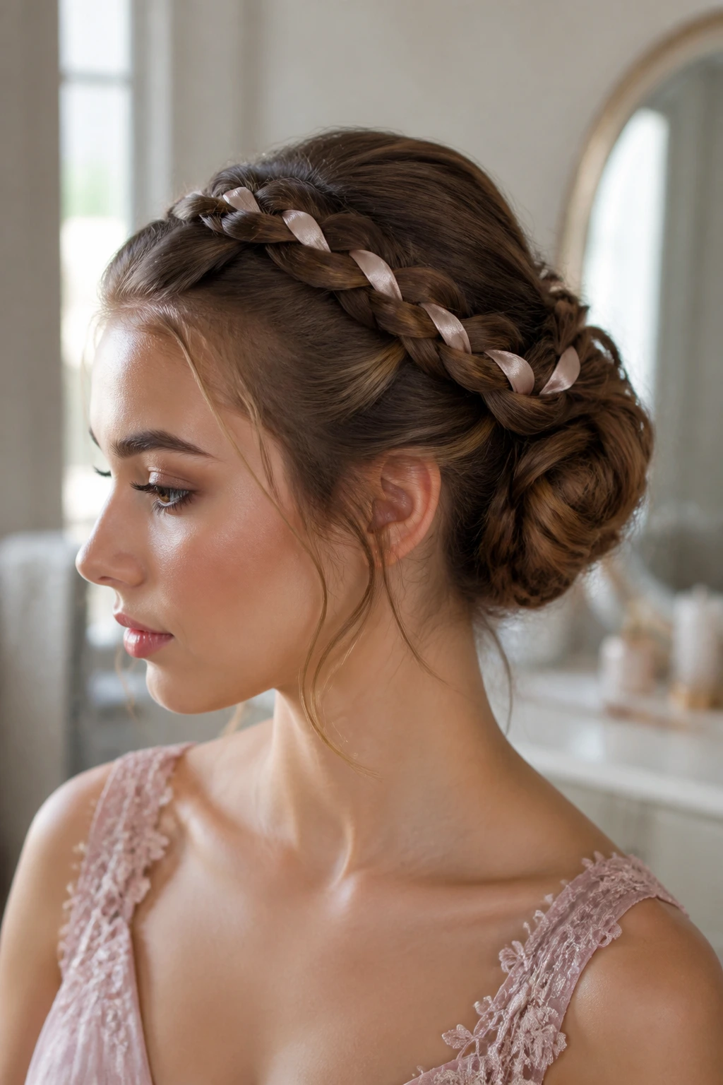 Close-up of a braided bun with a satin ribbon woven through the braid