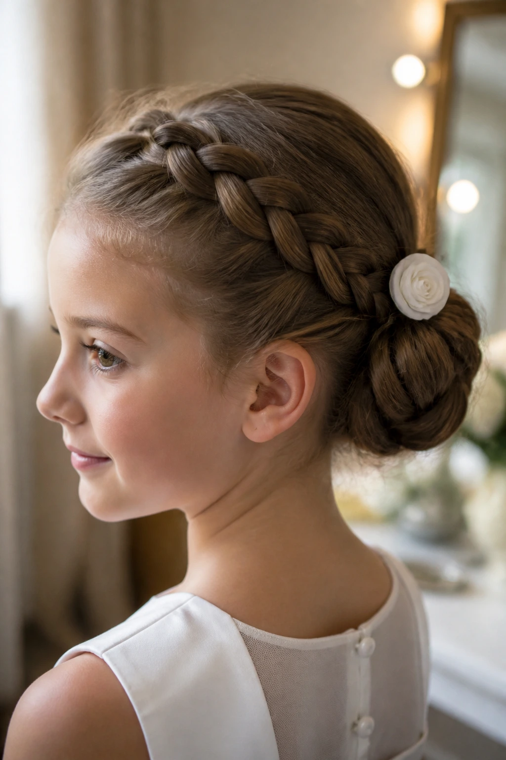 Close-up of braided bun with a small rosette clip on a real girl