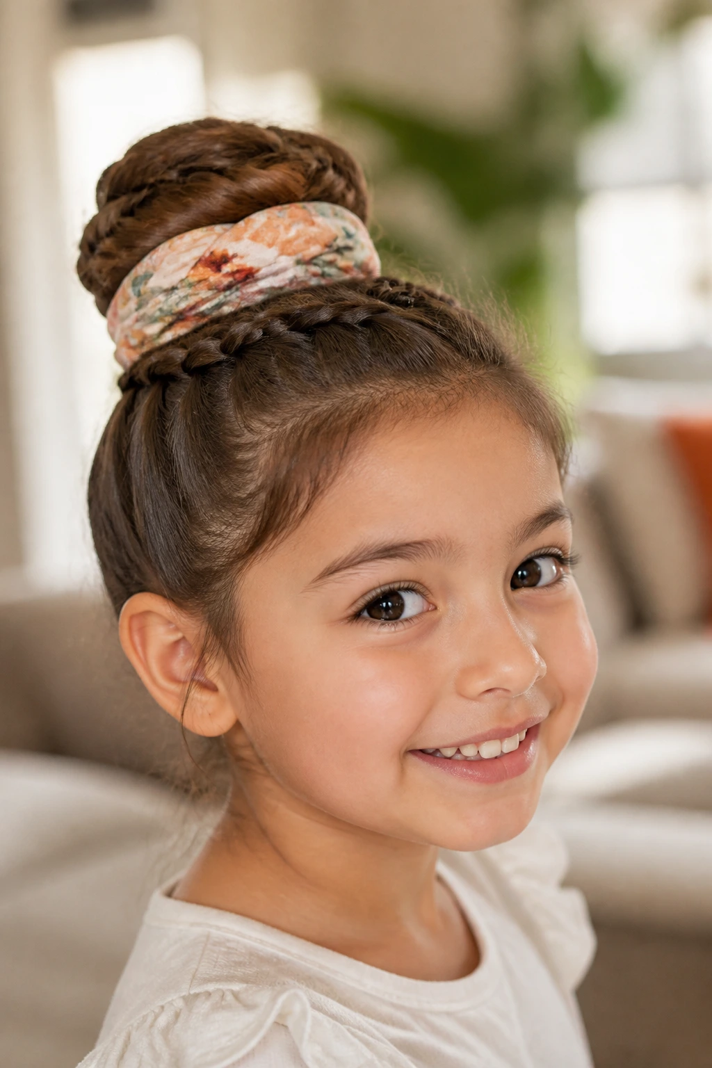 Girl with braided bun and scarf in a cozy room