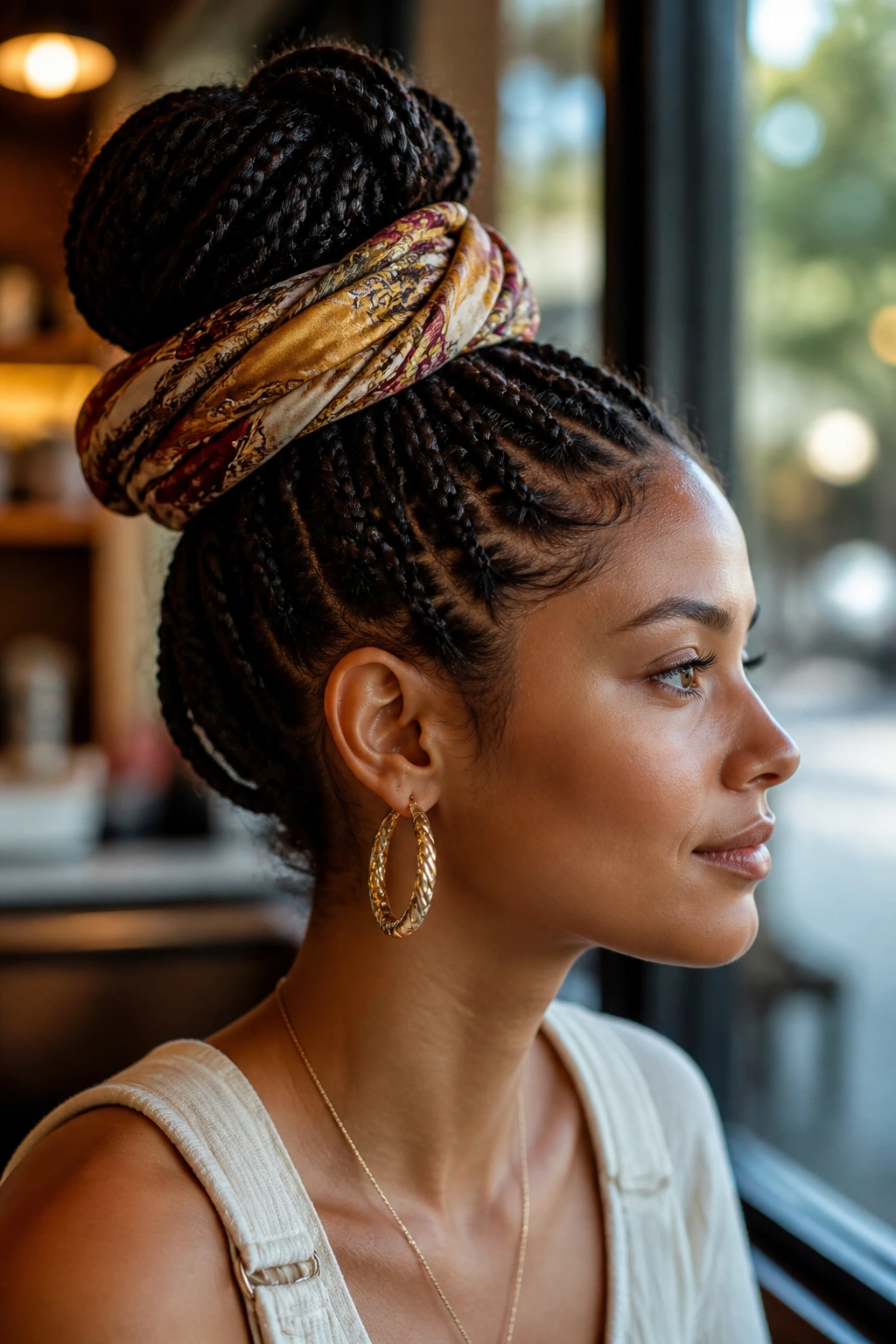 Close-up of a real woman with a braided bun and scarf wrap in a cafe setting