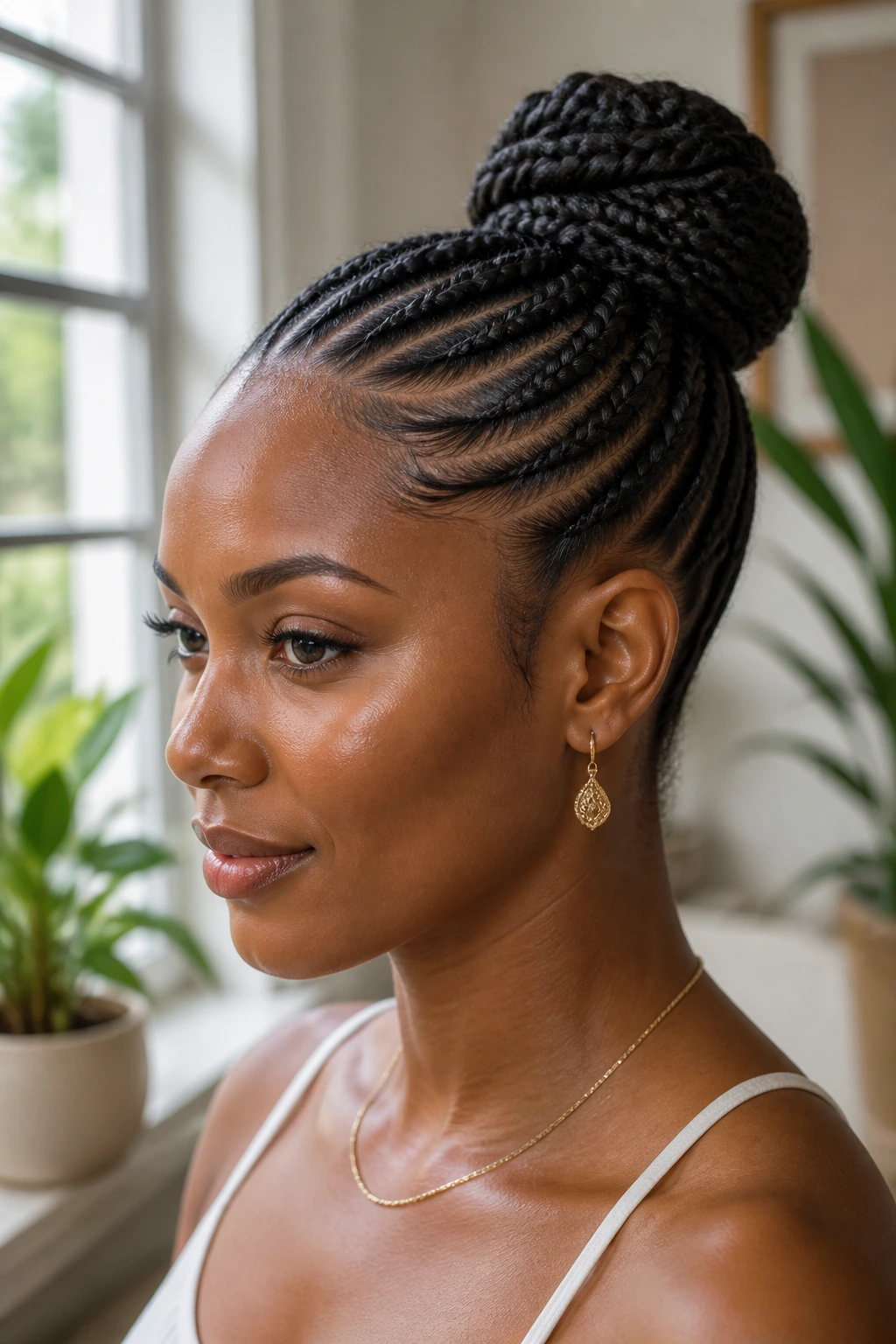 Portrait of a person with a braided bun and sleek sides.
