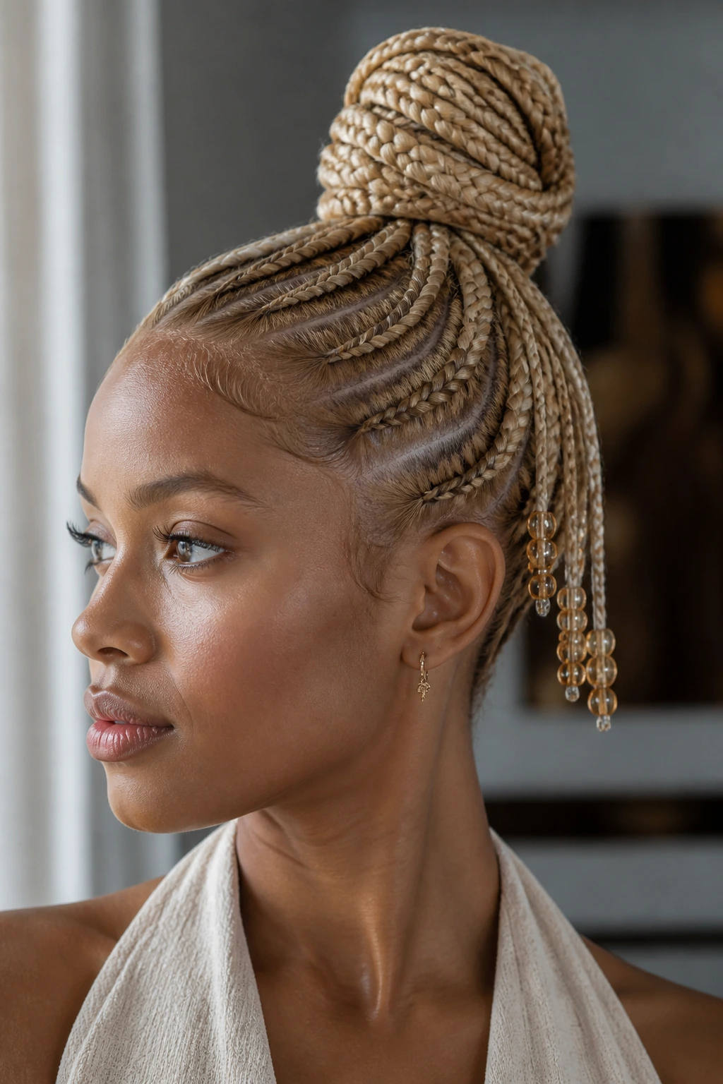 Close-up of a blonde braided bun with dangling bead tassels