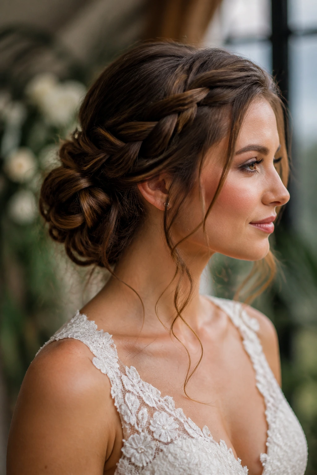 Real bride wearing braided bun with tendrils and face-framing wisps.