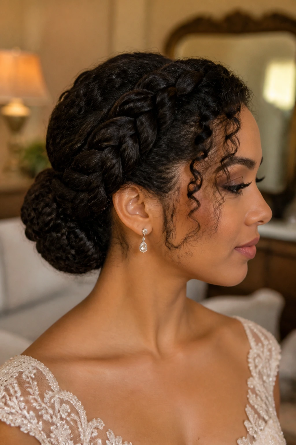 Close-up of bride with braided bun on thick natural curls