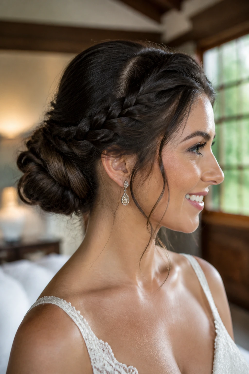 Close-up of a real person with a thick braided bun in a bridal suite setting
