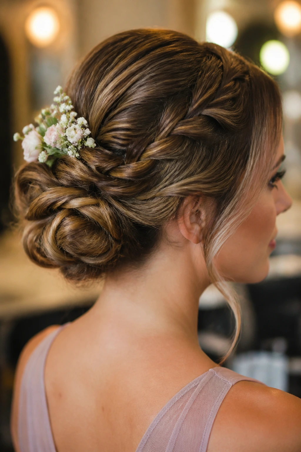 Close-up of a real person with a braided bun and floral accent in a salon setting