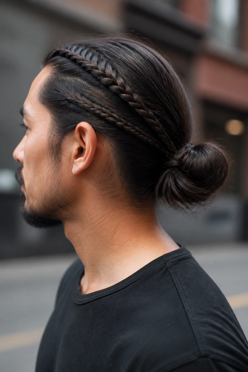 Man with braided control bun in an urban setting