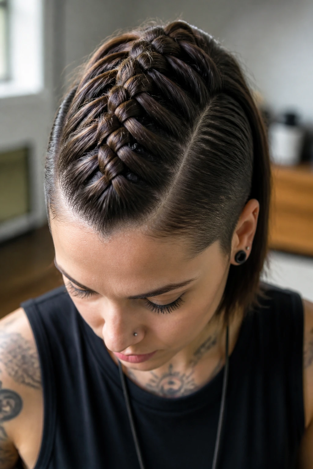 Real woman with a center-crown braided Mohawk and flat sides