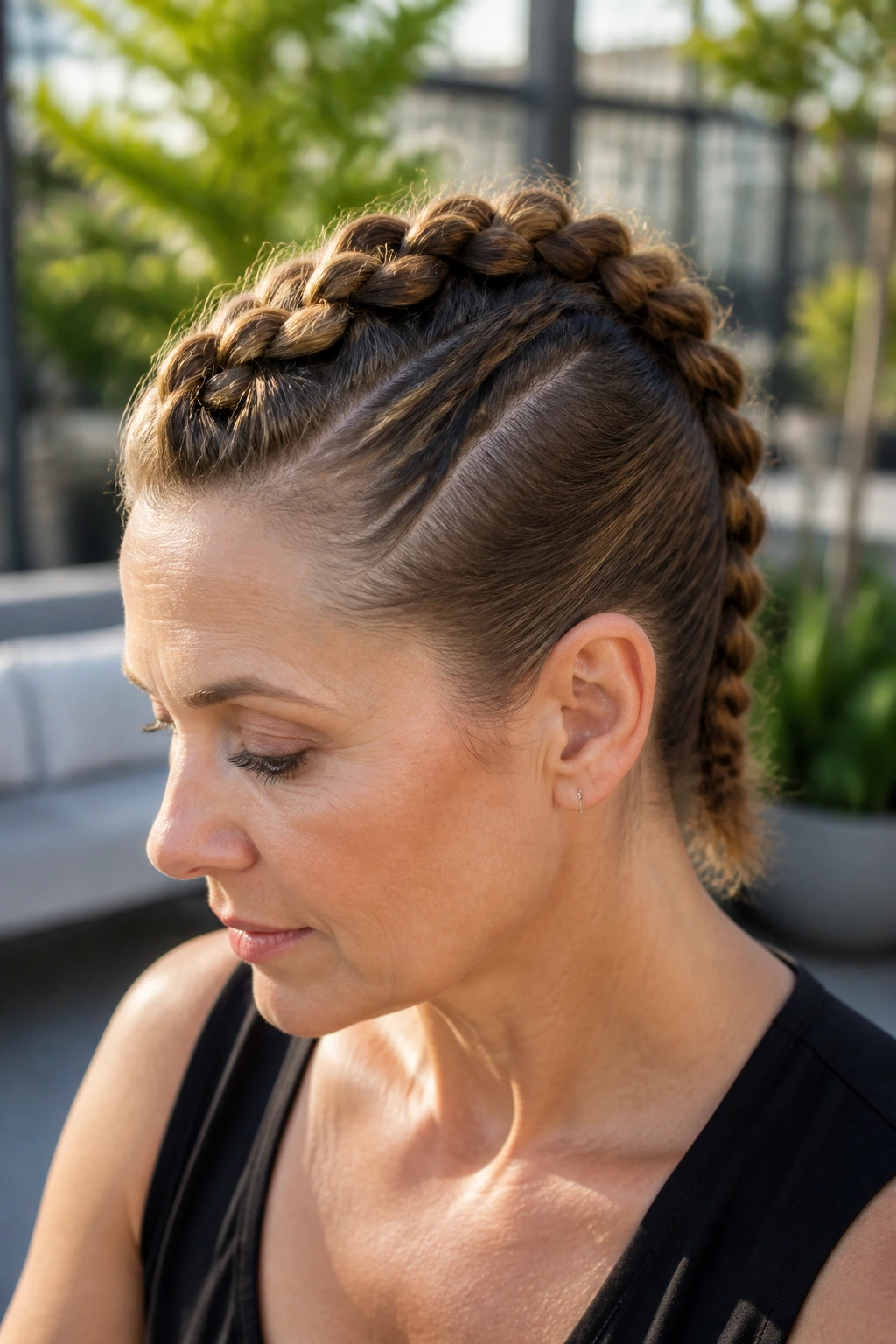 Close-up of a woman with a braided center mohawk outdoors in morning light