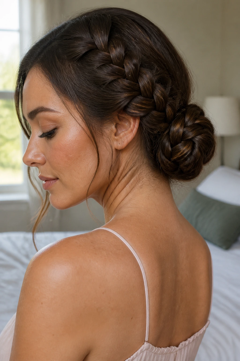 Close-up of a real woman wearing a low braided chignon at the nape in natural light