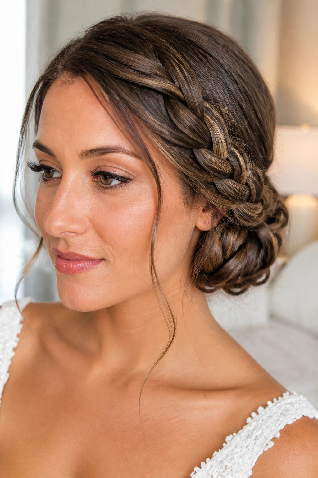Close-up of a real woman with a braided side chignon under soft window light