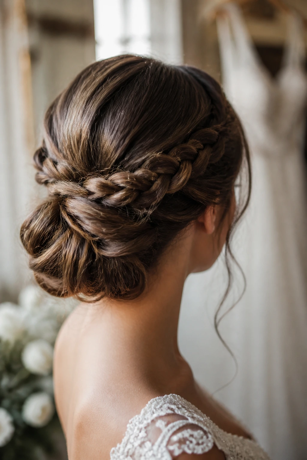 Bride with braided twist chignon showing side braids into bun