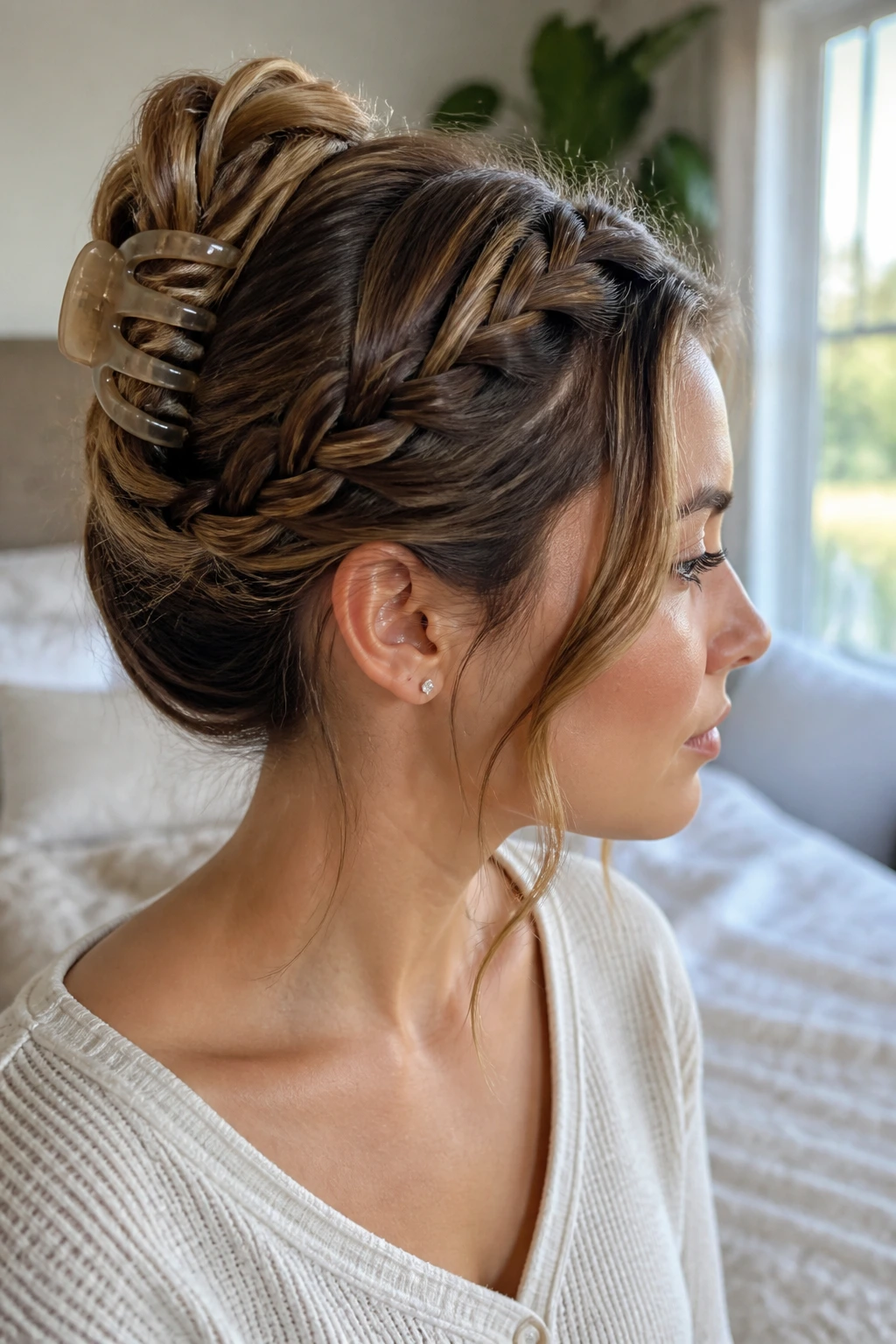 Real person with braided front and twist-up secured by claw clip