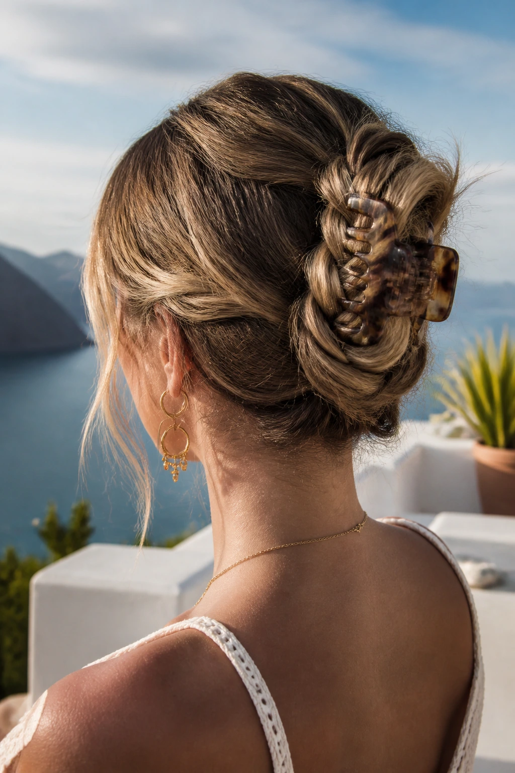 Portrait of a woman with a braided updo secured by a claw clip