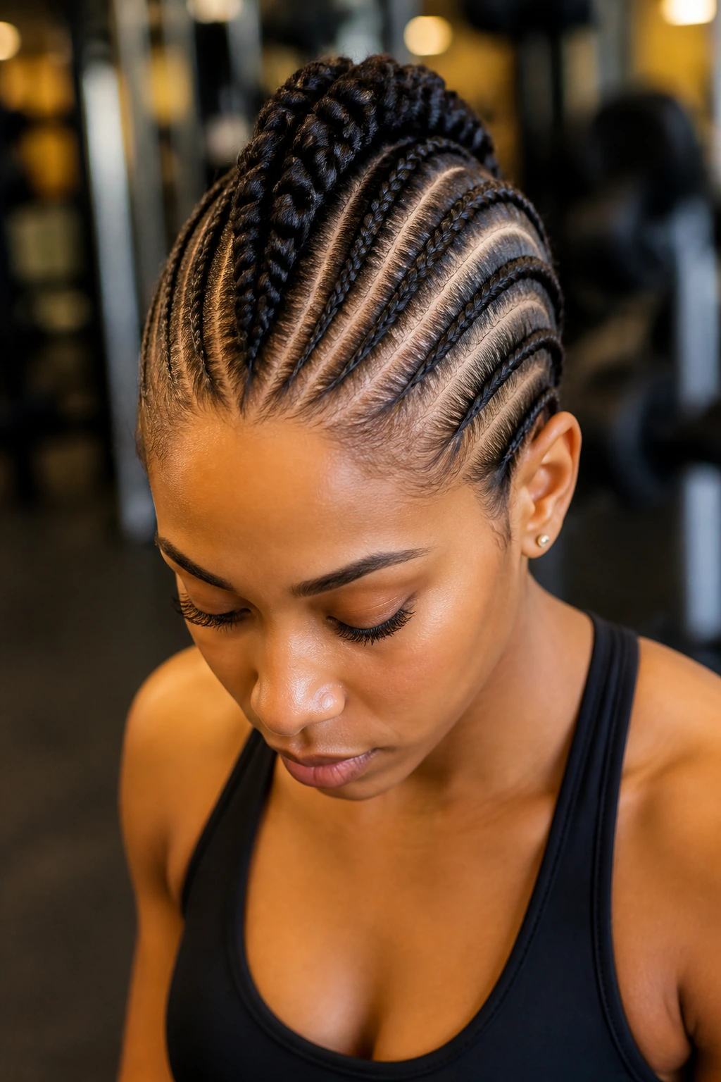 Close-up of a person with cornrow braids forming a central mohawk