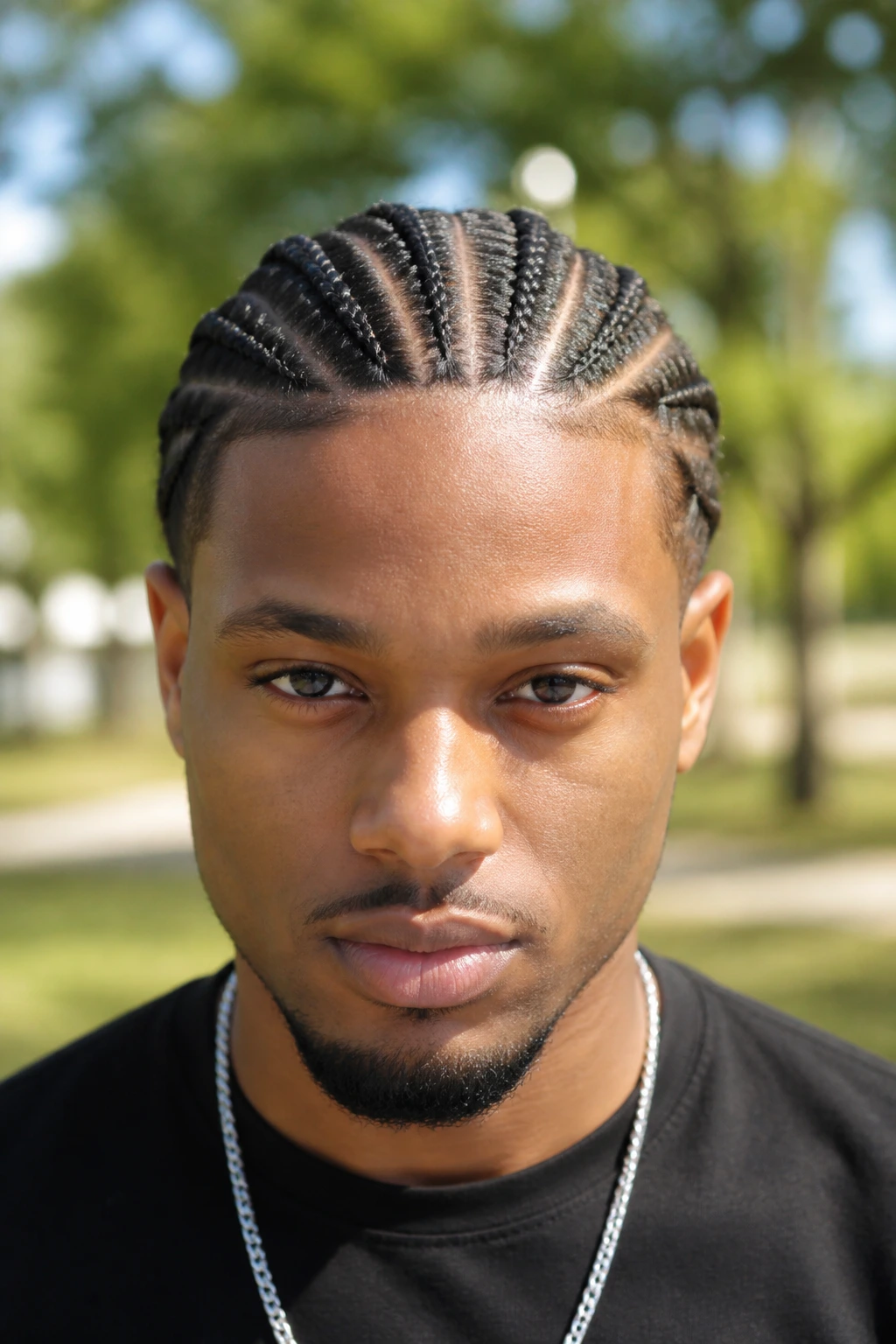 Close-up of a real person with neat cornrows in a park setting