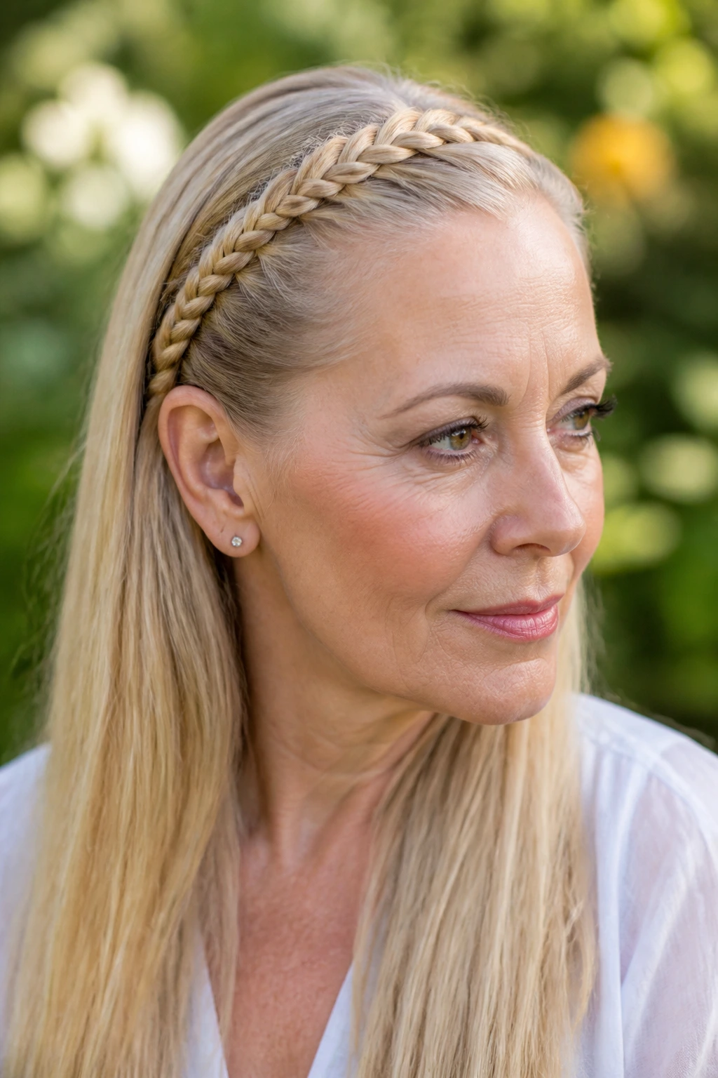 Real woman with a small crown braid tucked behind the ear
