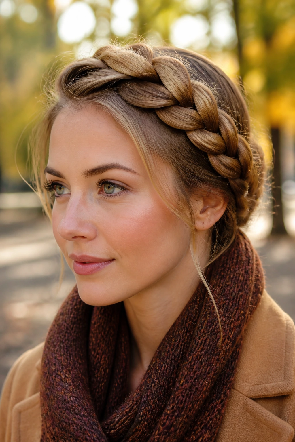 Close-up of a real woman wearing braided crown with tucked ends in autumn sun