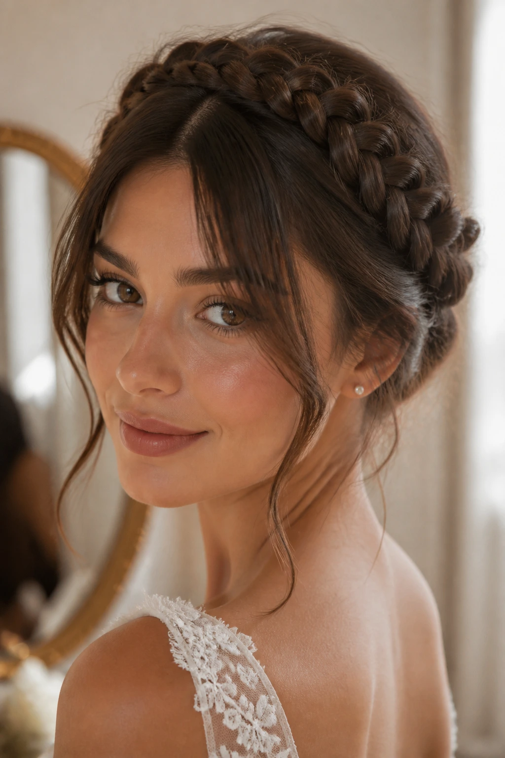 Close-up of a real woman wearing a crown braid with loose middle bangs in a softly lit dressing room.