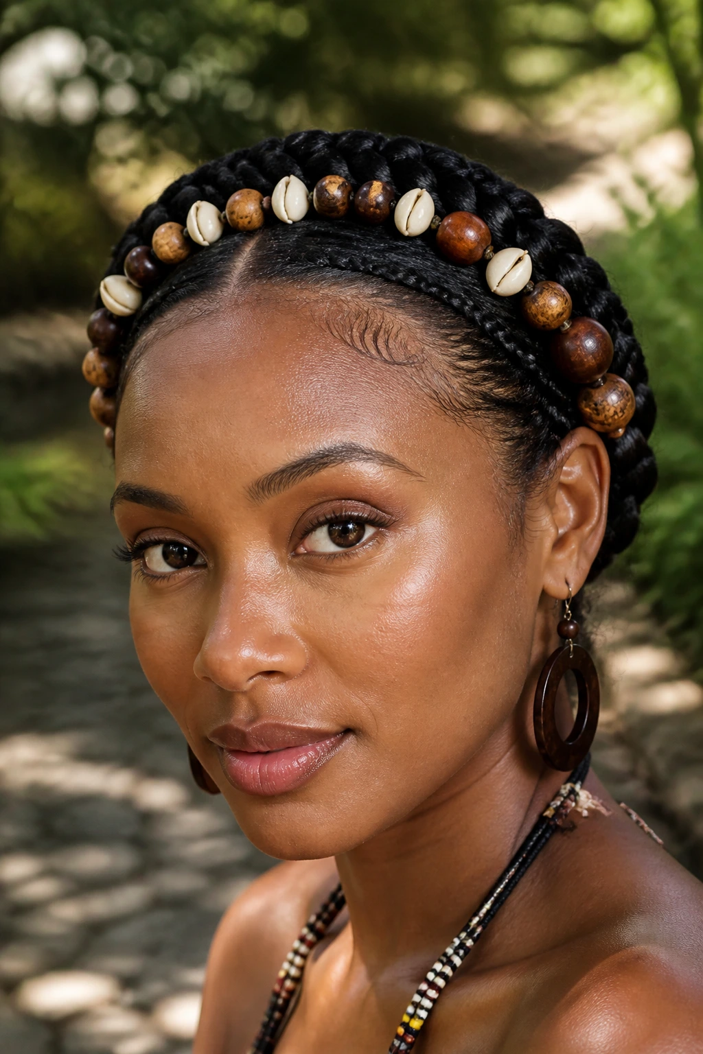 Close-up of a real woman wearing a braided crown with shell and wood beads framing her face