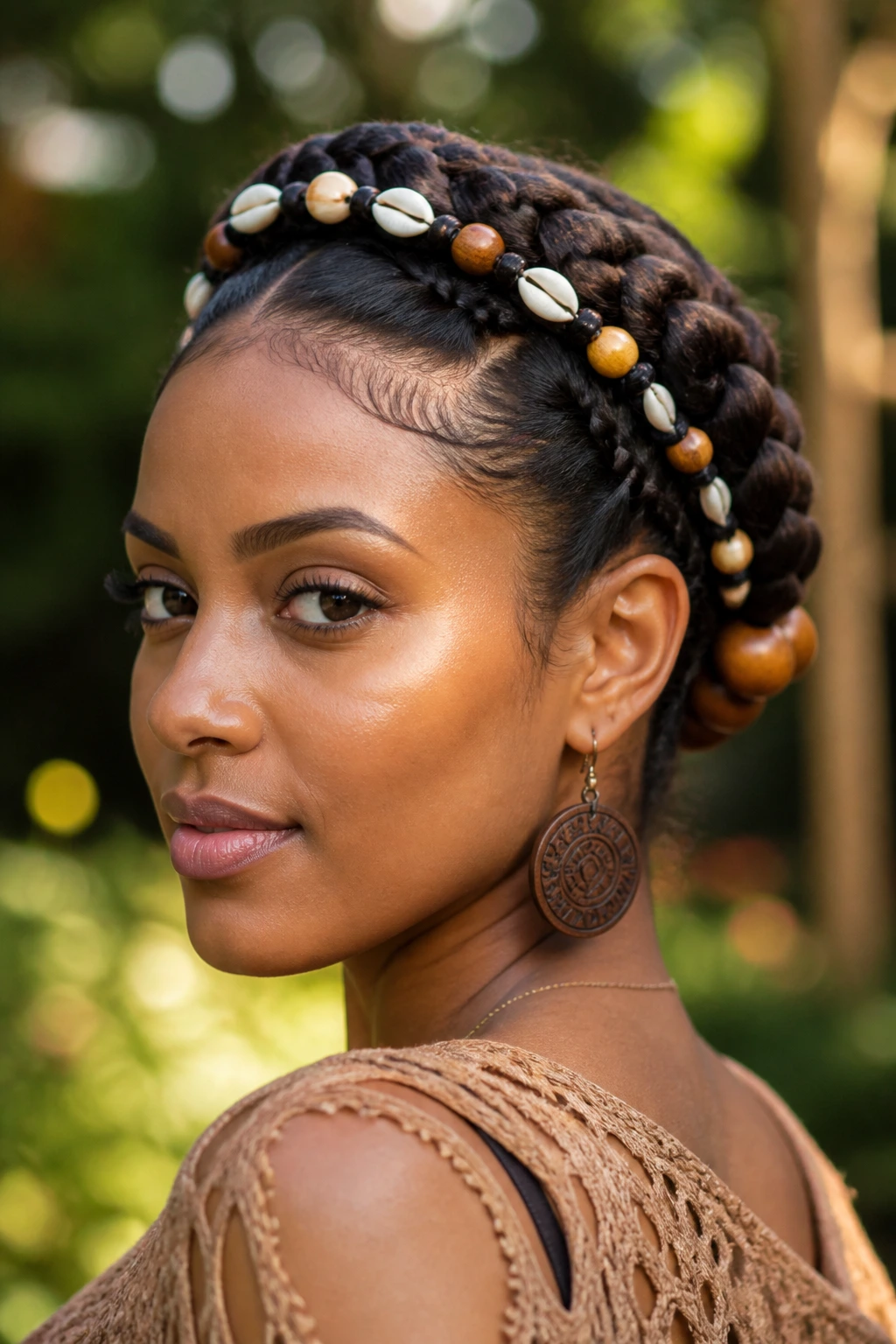 Close-up portrait of a real woman wearing a crown braid with shell and wood beads along the crown.