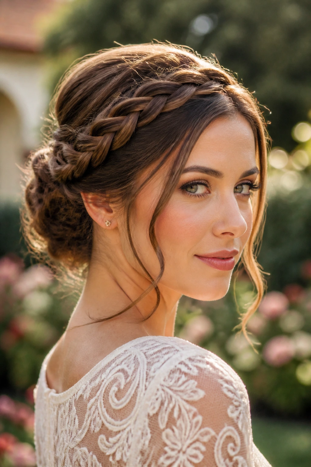 Close-up portrait of a woman with a braided crown and low beehive hairstyle