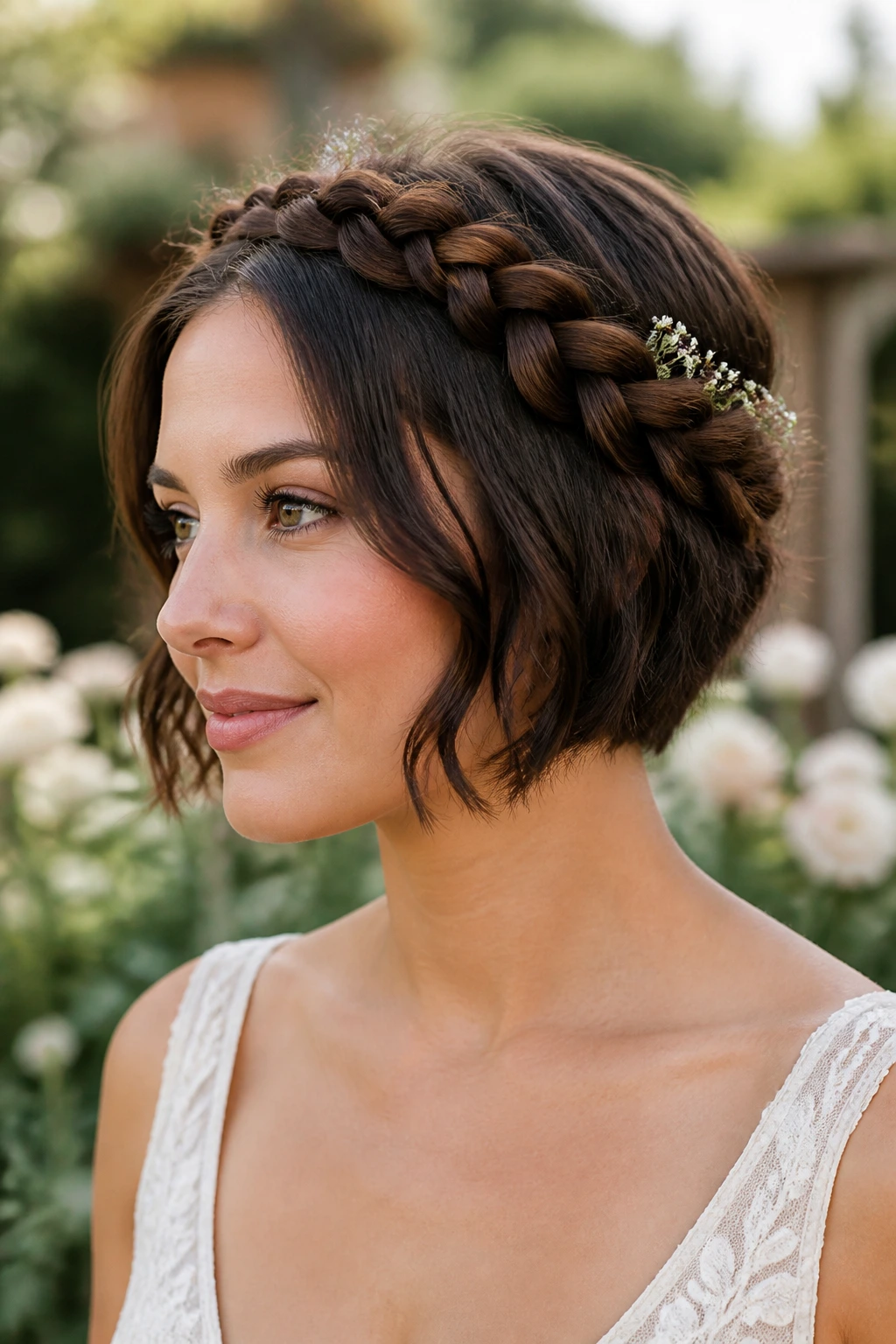 Bob hairstyle with braided crown close-up portrait