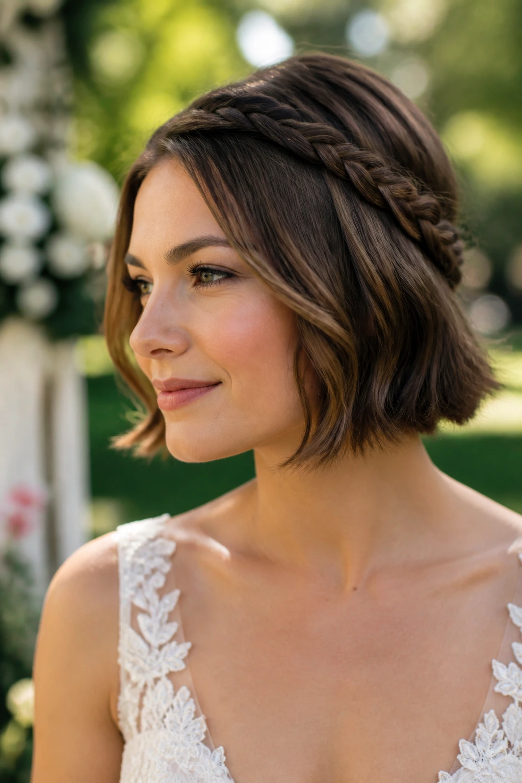 Bride with braided crown bob hairstyle in outdoor garden