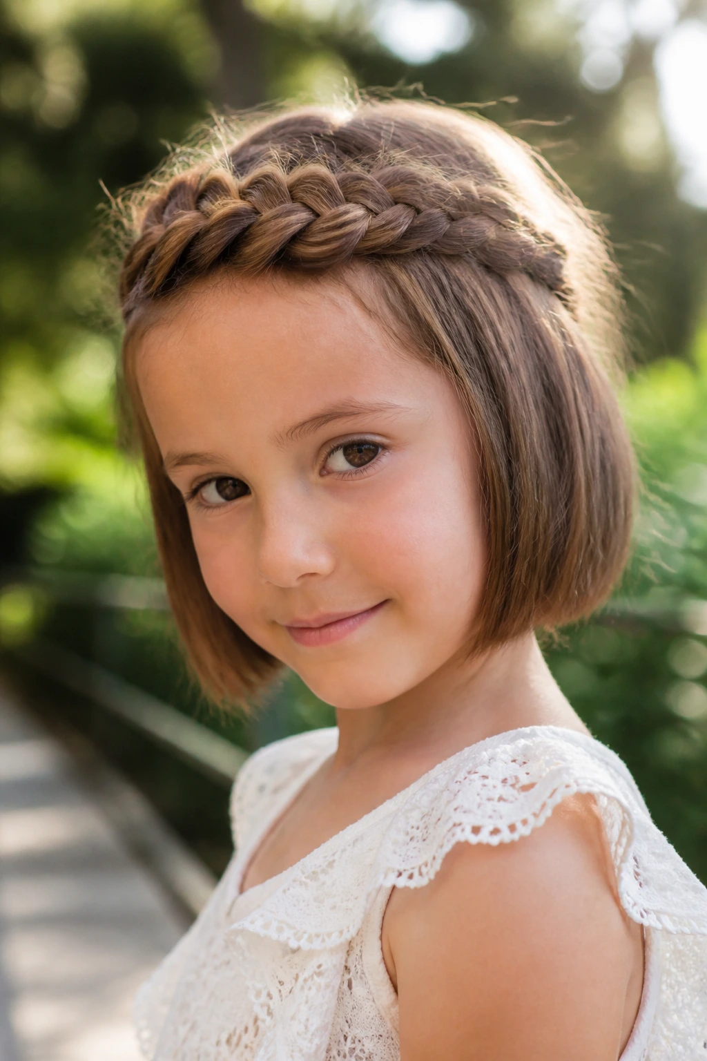 Close-up of a girl wearing a braided crown on bob-length hair