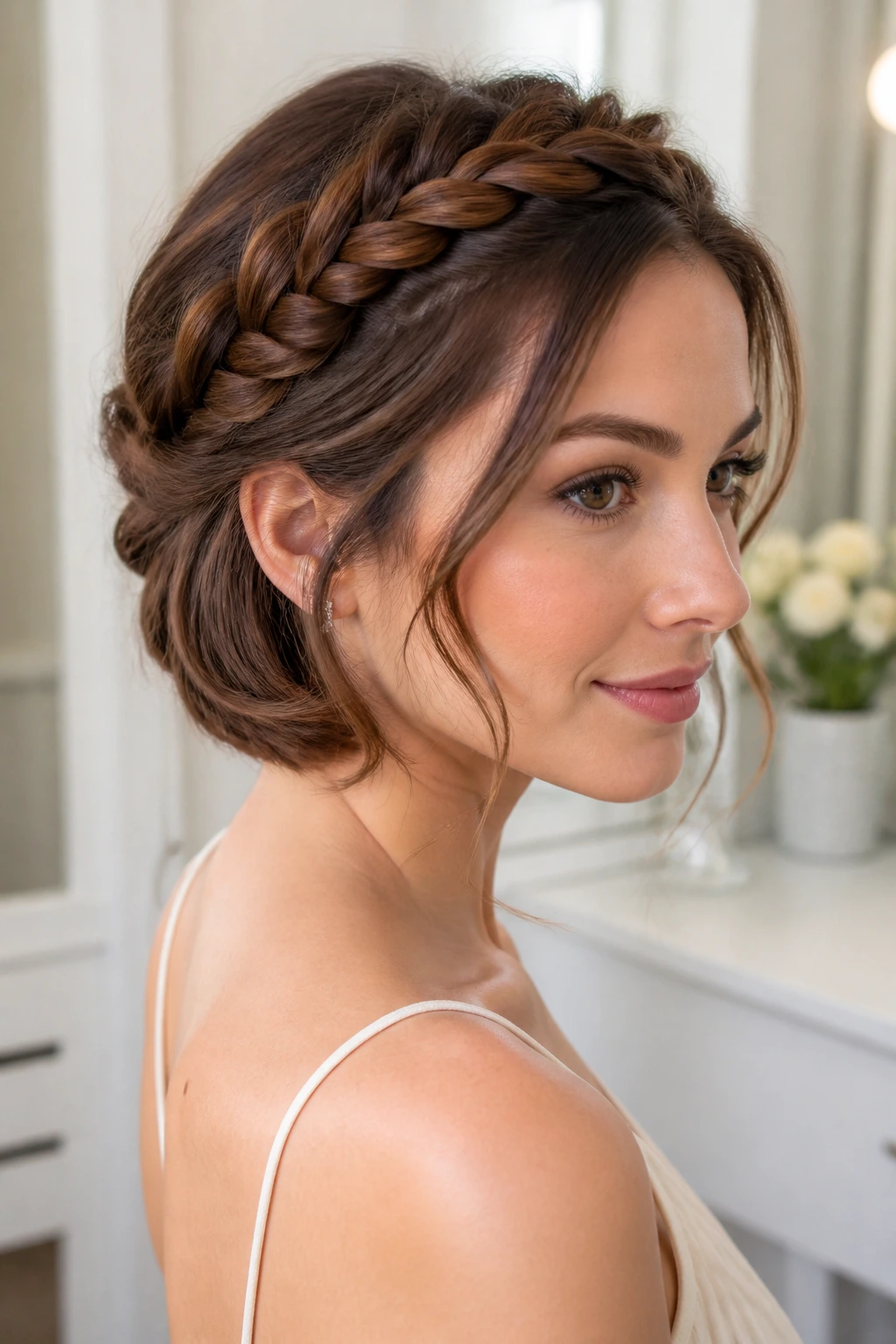 Close-up of braided crown over a soft bob on real woman in bright dressing room